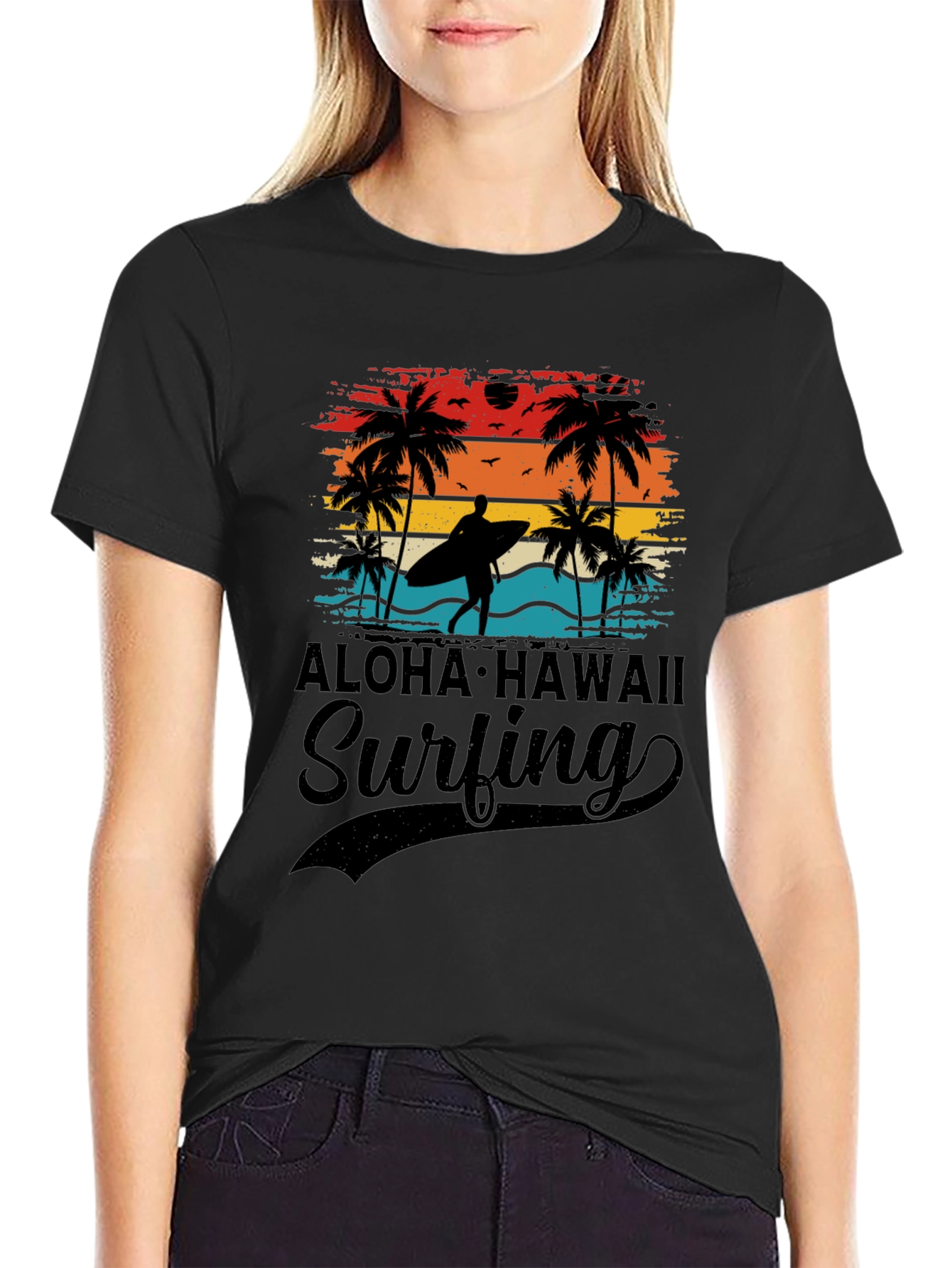 Aloha Hawaii Surfing T-Shirt Palm Tree Sunset Tee