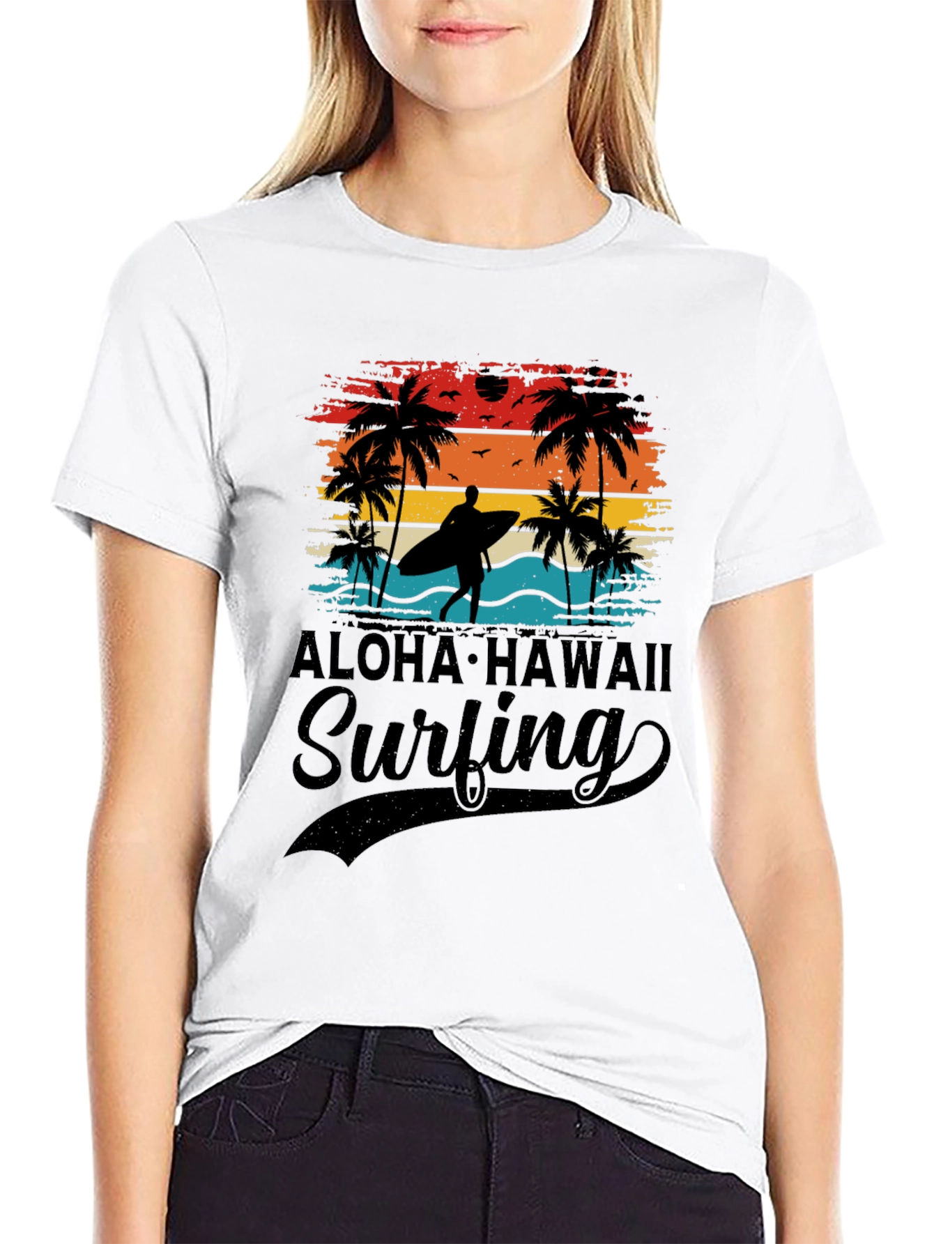 Aloha Hawaii Surfing T-Shirt Palm Tree Sunset Tee