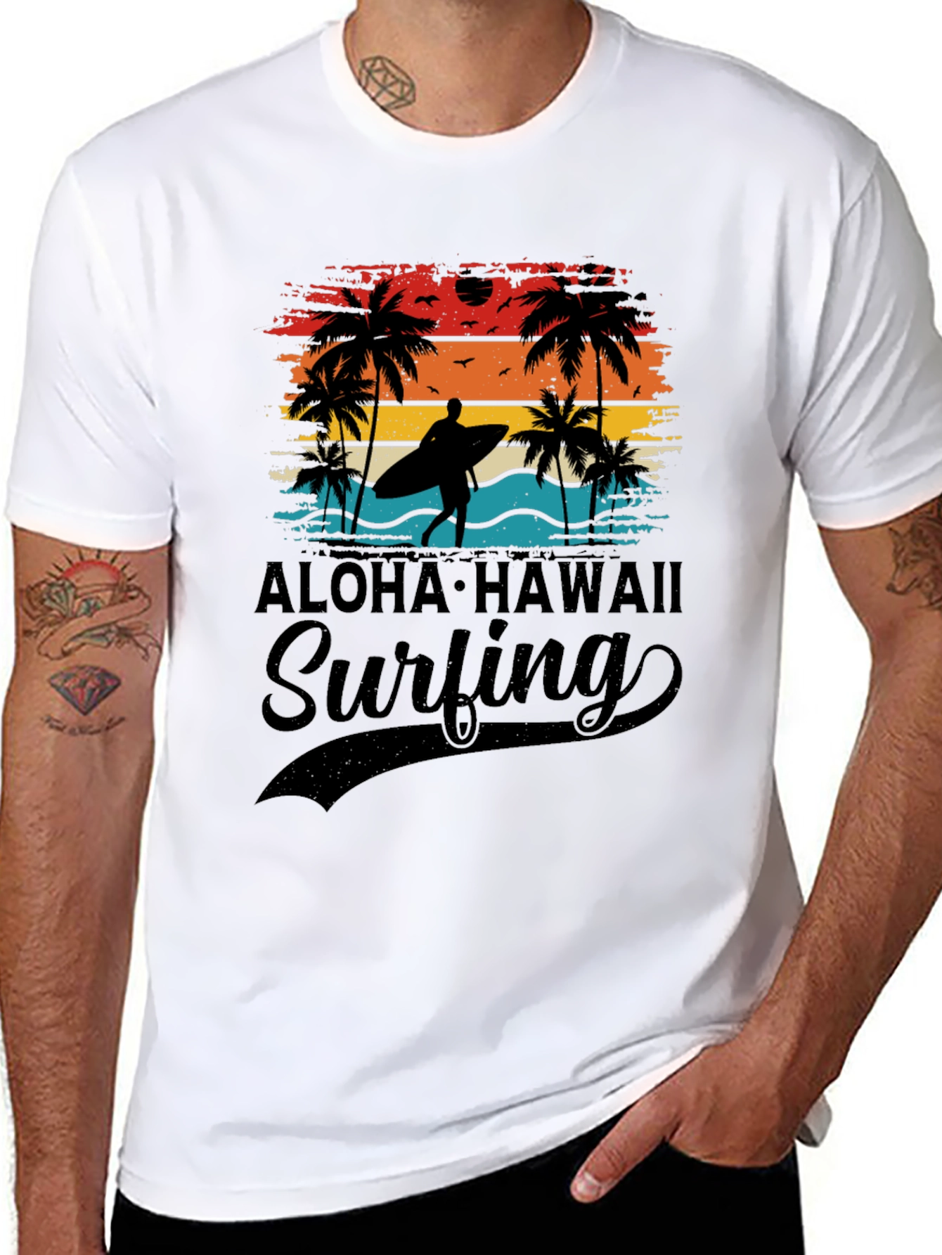 Aloha Hawaii Surfing T-Shirt Palm Tree Sunset Tee