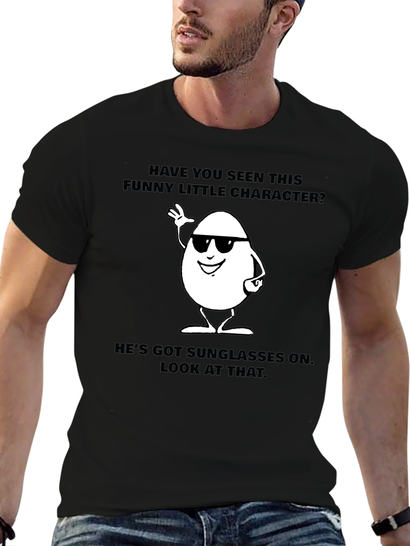 Funny Egg Character Graphic T-Shirt - Black