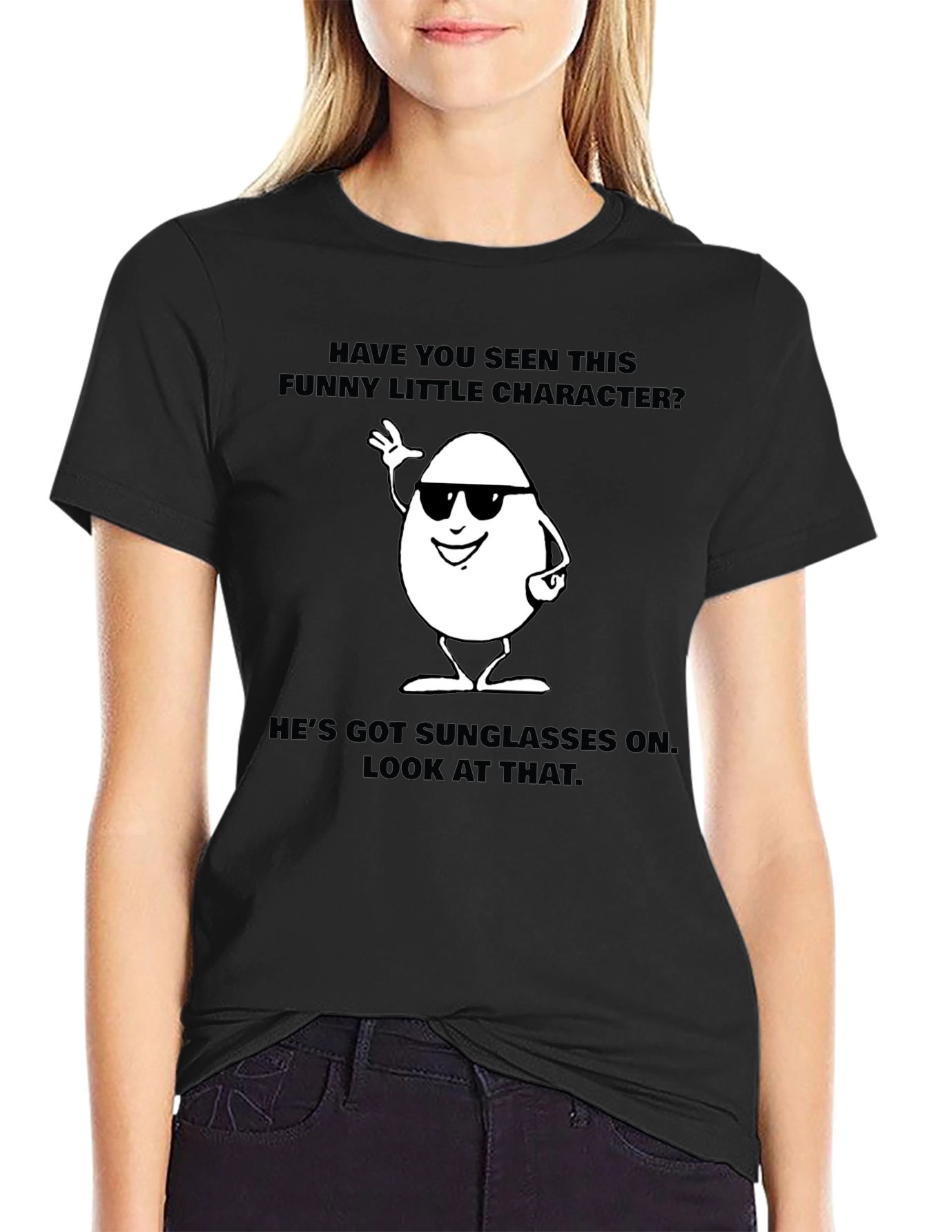 Funny Egg Character Graphic T-Shirt - Black