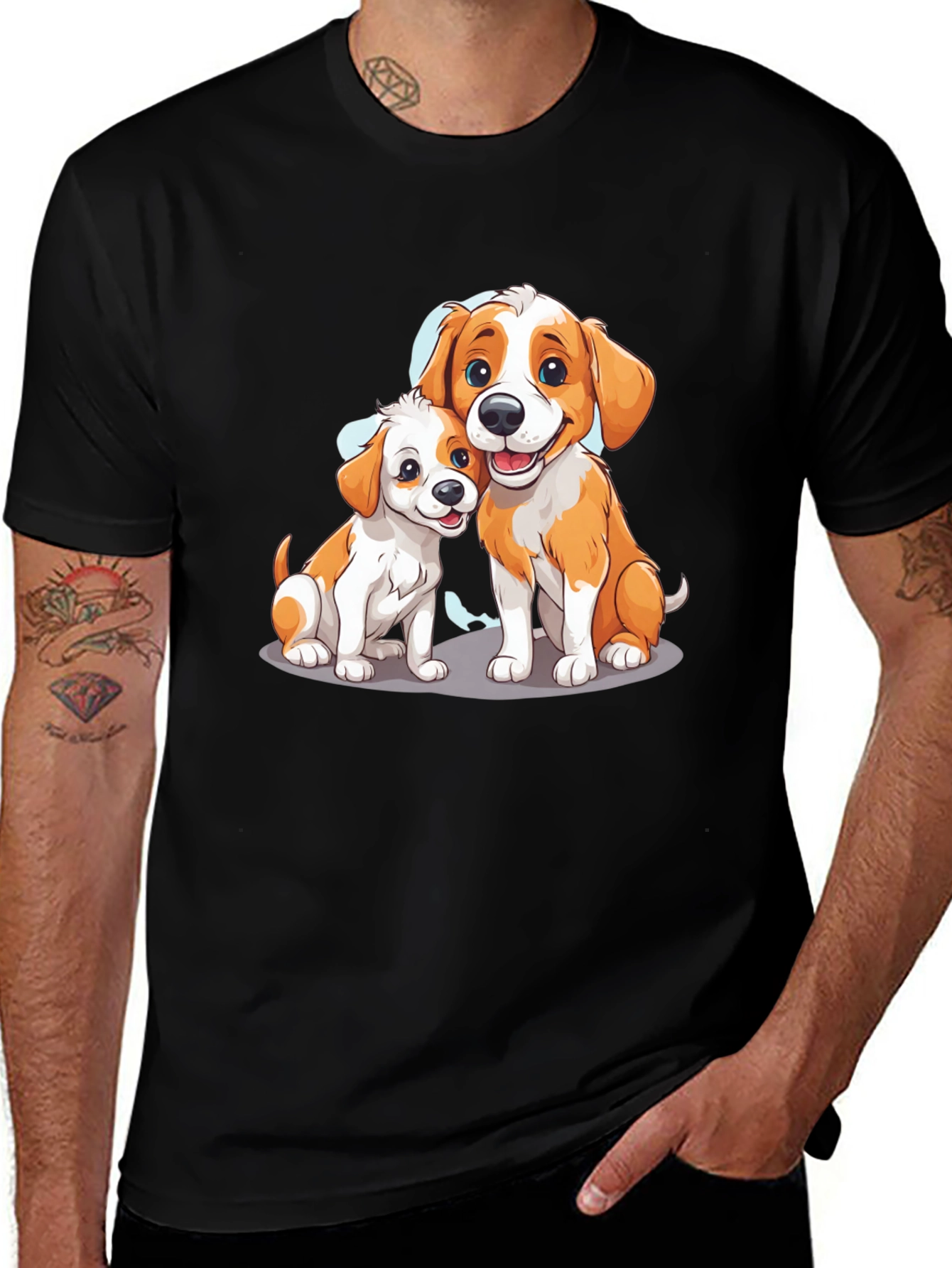 Cute Cartoon Dogs Graphic Tee - Black