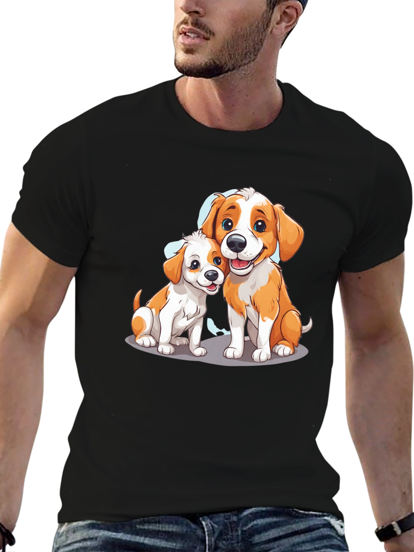 Cute Cartoon Dogs Graphic Tee - Black