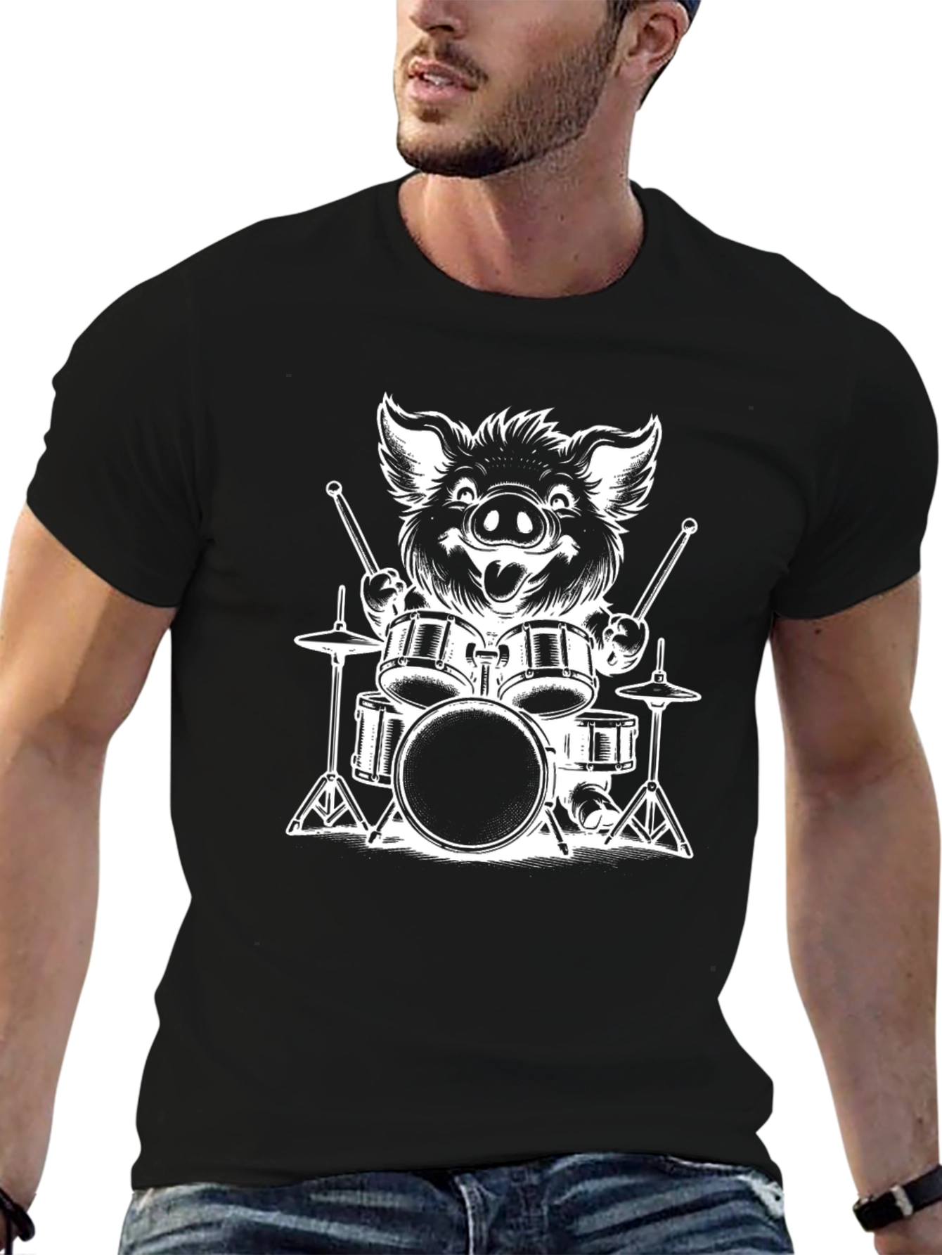Boar Drummer Graphic T-Shirt - Black Cotton Tee