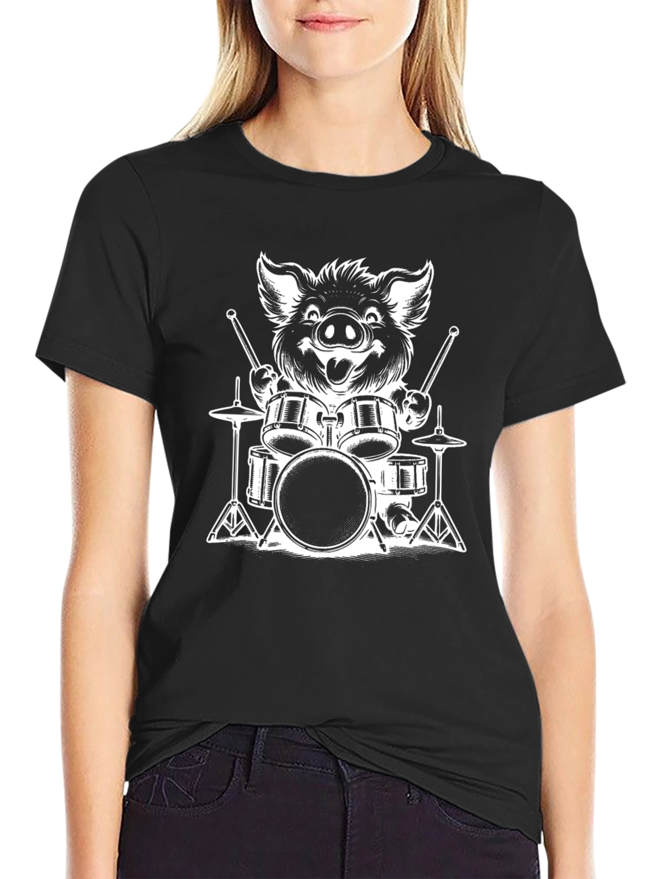 Boar Drummer Graphic T-Shirt - Black Cotton Tee