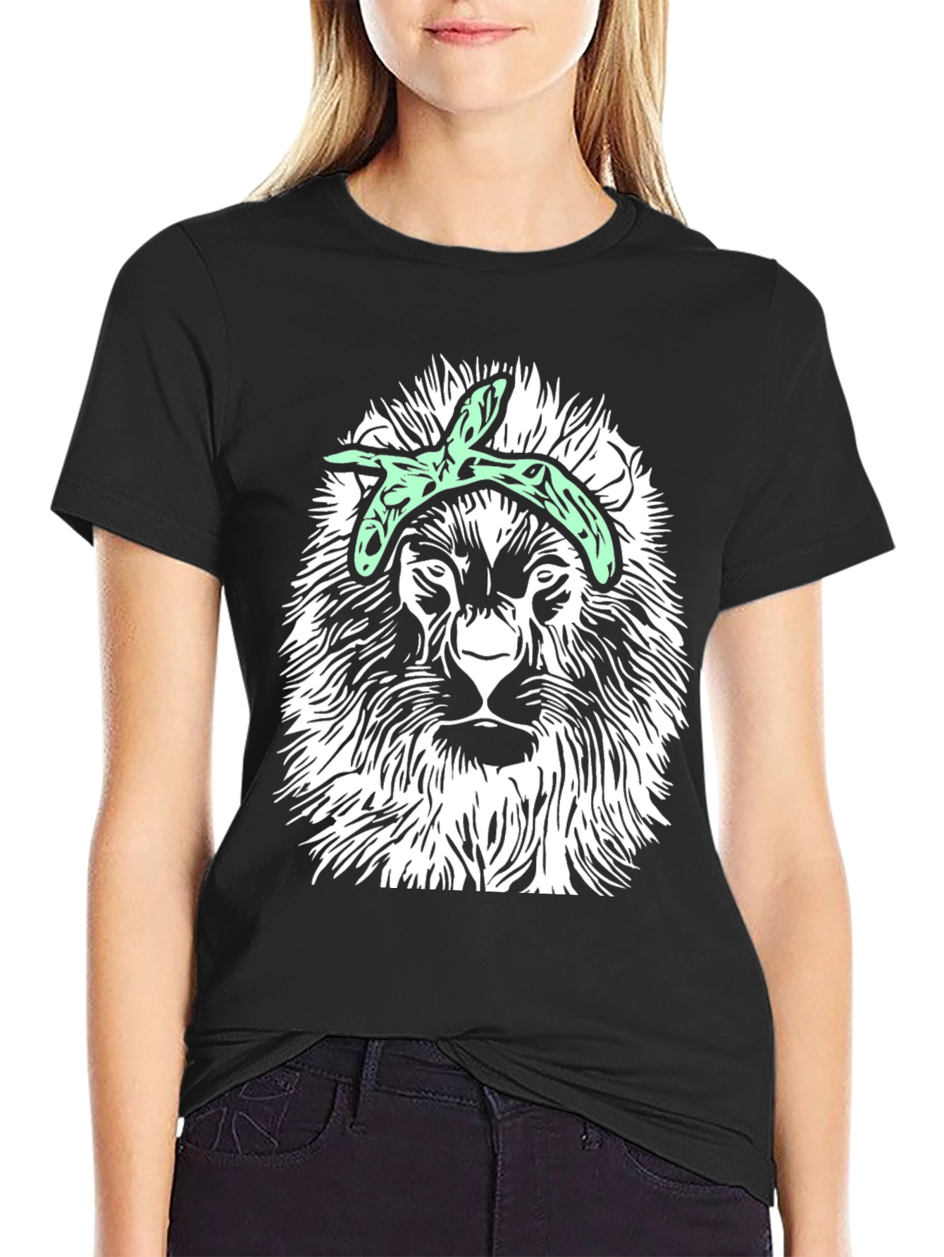 Lion Graphic Tee with Bandana - Black Casual T-Shirt