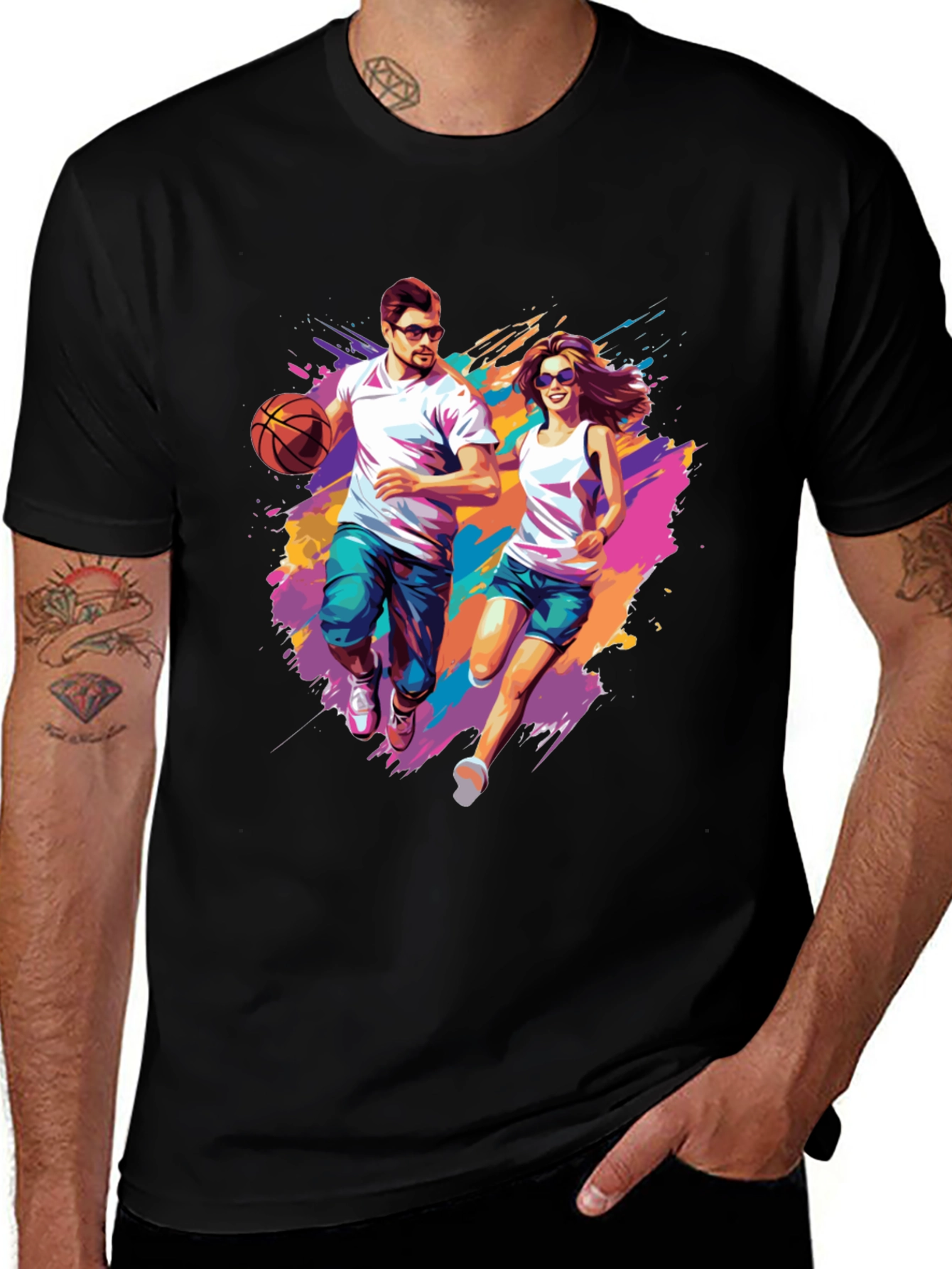Couple Running Graphic T-Shirt - Black