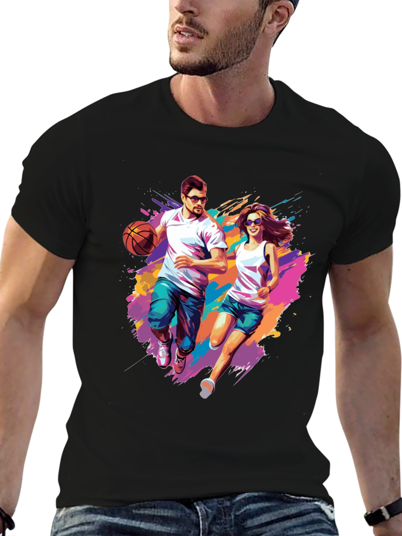 Couple Running Graphic T-Shirt - Black