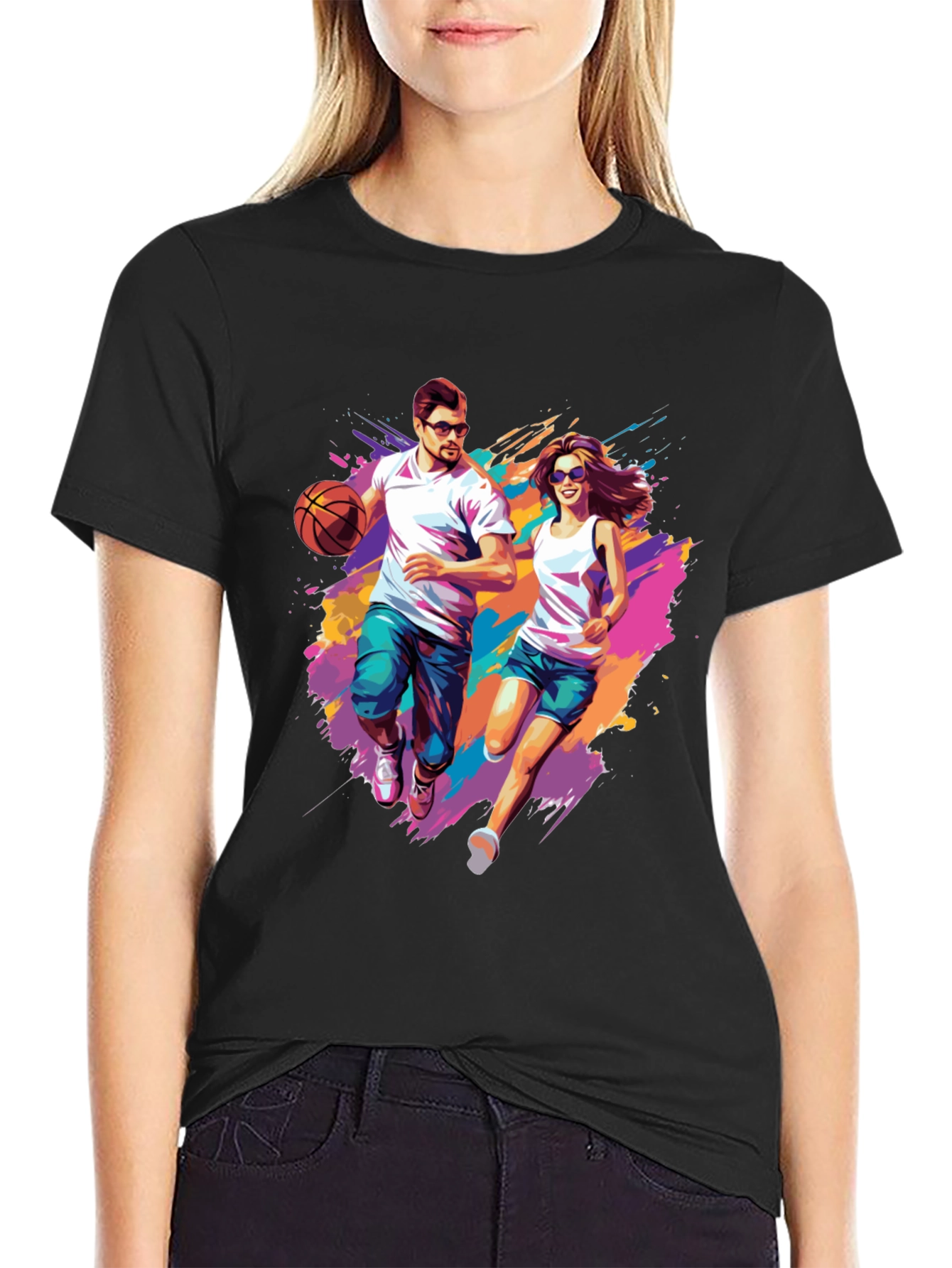 Couple Running Graphic T-Shirt - Black