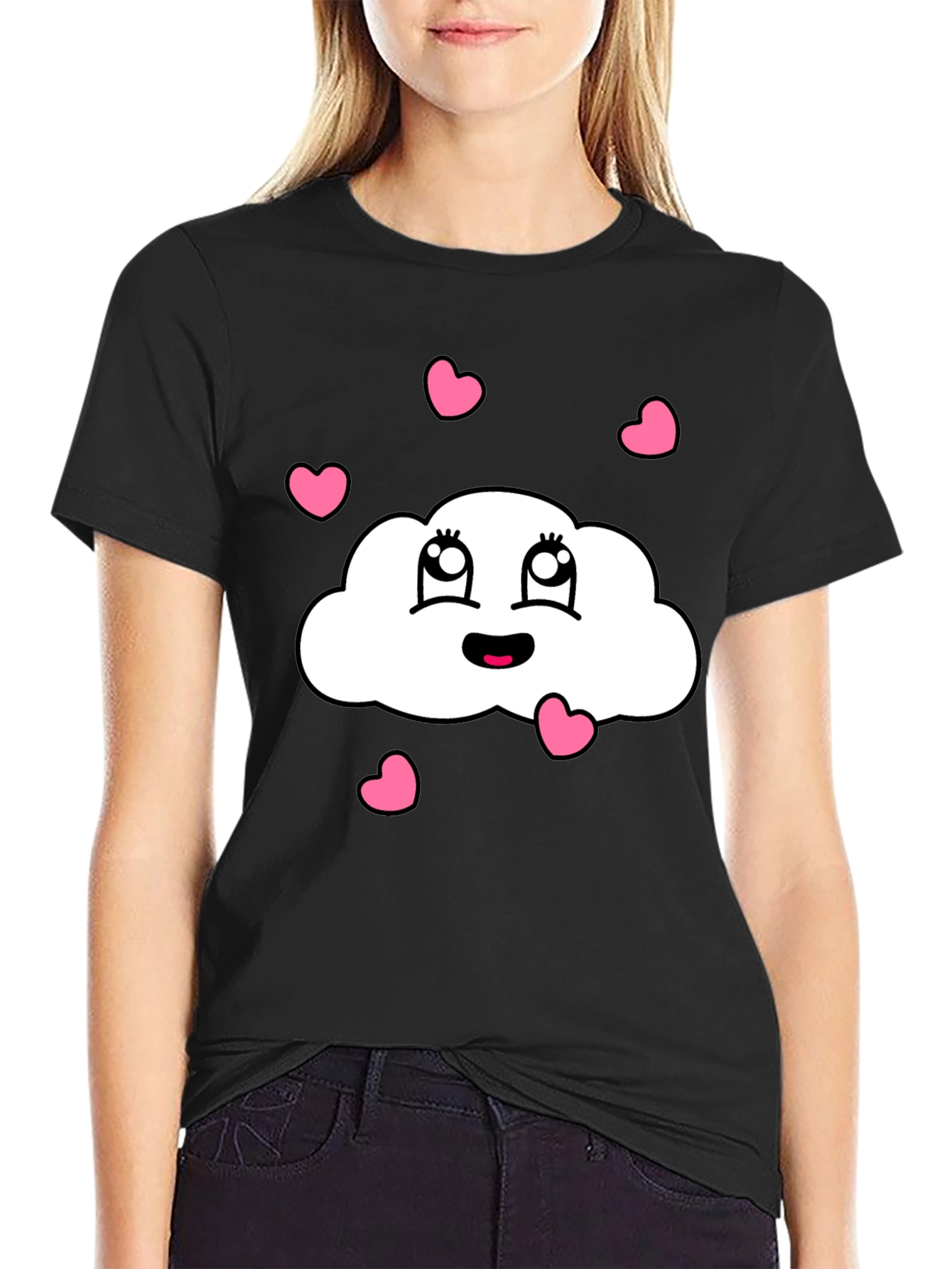 Cute Cloud Heart Graphic Black T-Shirt