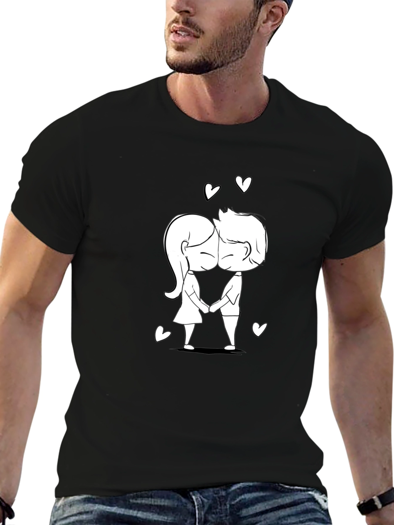 Cute Cartoon Couple Black T-Shirt
