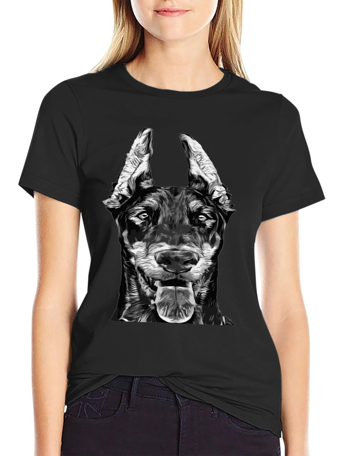 Doberman Dog Graphic Print Black T-Shirt