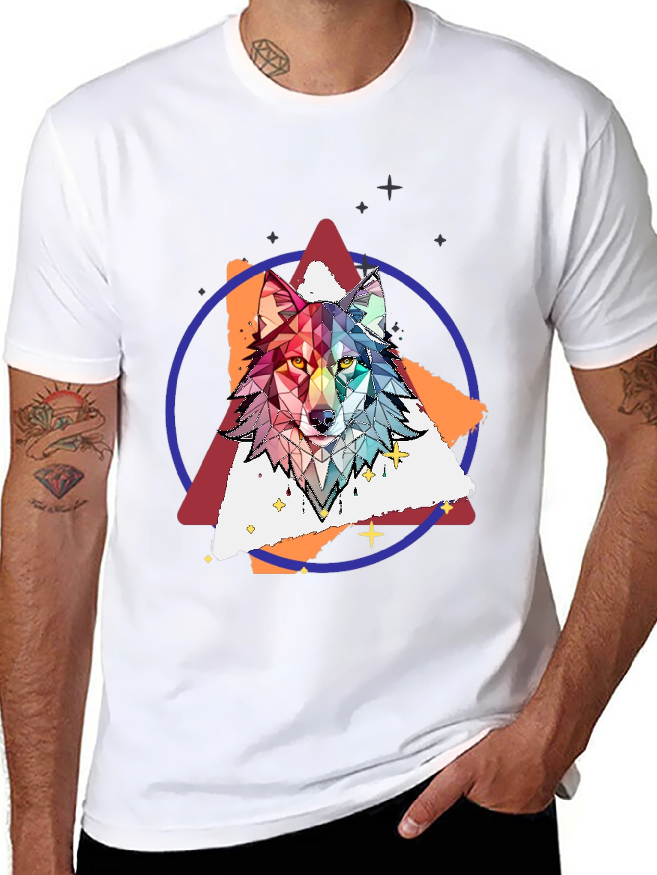 Geometric Wolf Graphic Print Tee - Stylish Mens T-Shirt