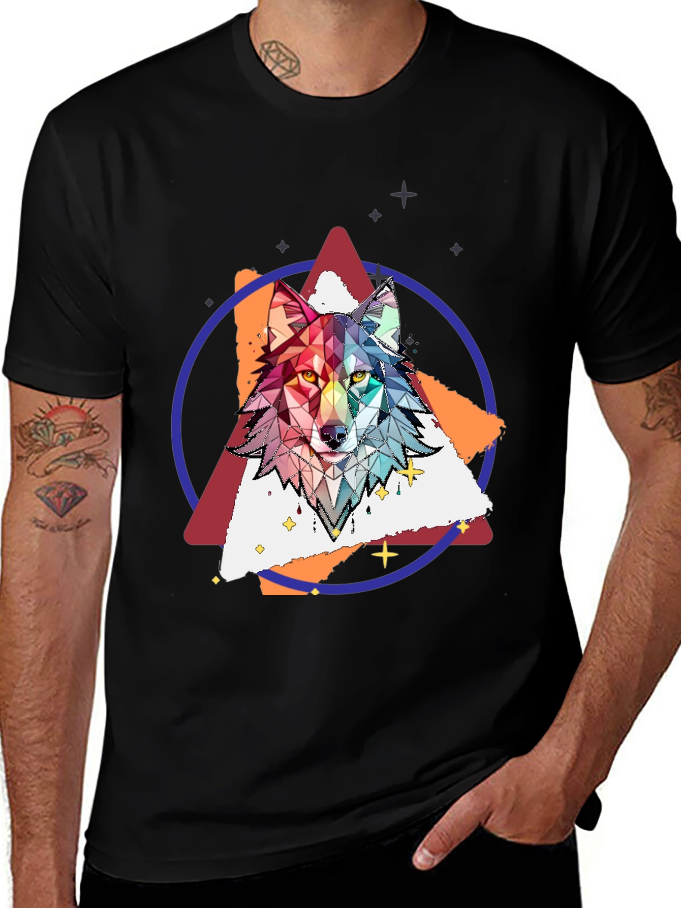 Geometric Wolf Graphic Print Tee - Stylish Mens T-Shirt