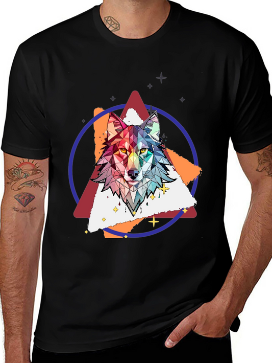 Geometric Wolf Graphic Print Tee - Stylish Mens T-Shirt