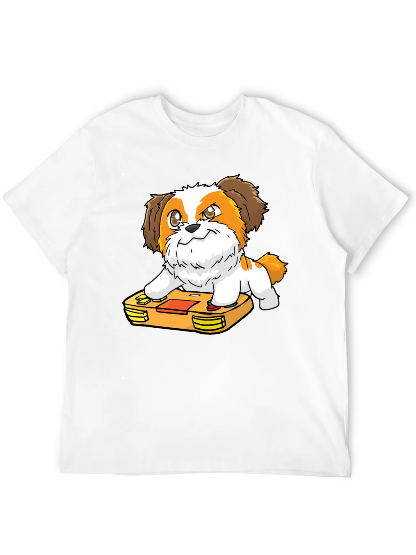 Cartoon Dog on Retro Game Console Black T-Shirt