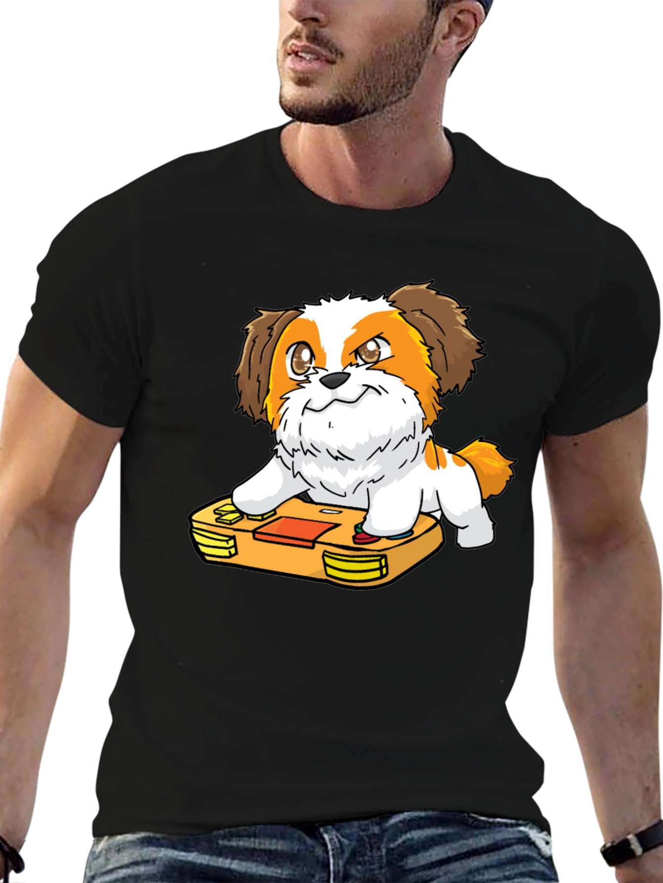 Cartoon Dog on Retro Game Console Black T-Shirt