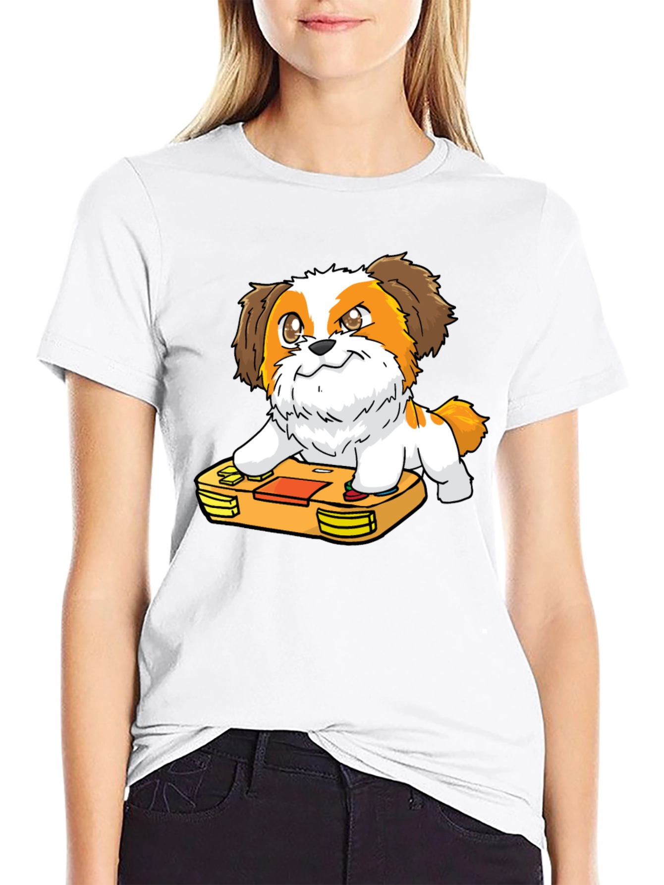 Cartoon Dog on Retro Game Console Black T-Shirt