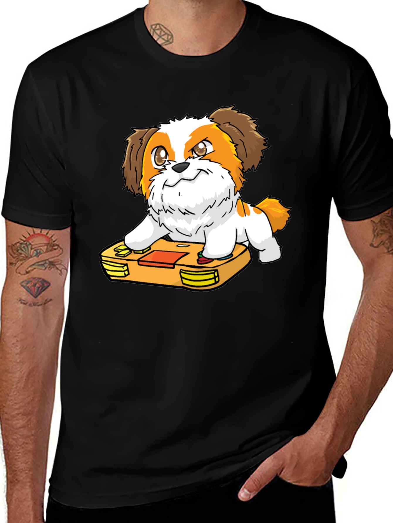Cartoon Dog on Retro Game Console Black T-Shirt