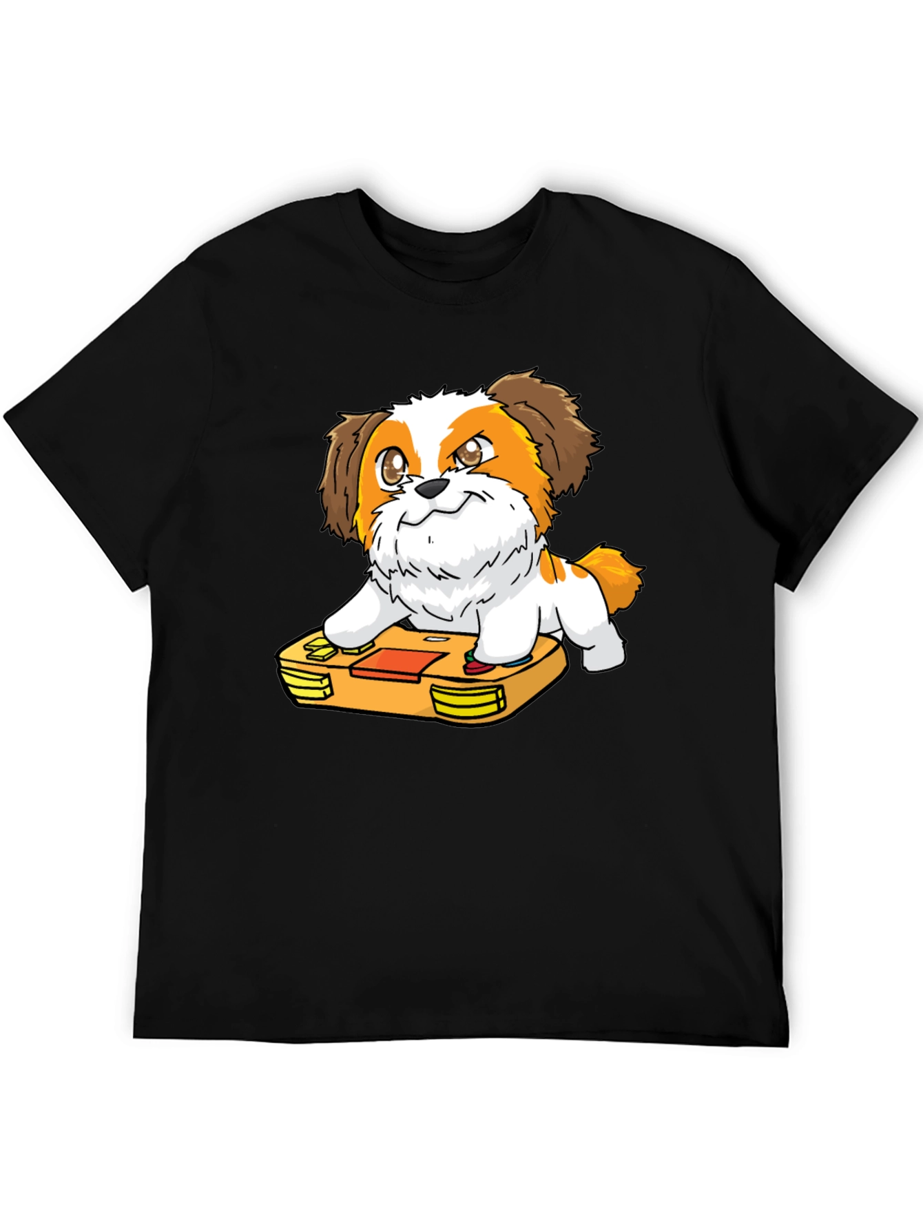 Cartoon Dog on Retro Game Console Black T-Shirt