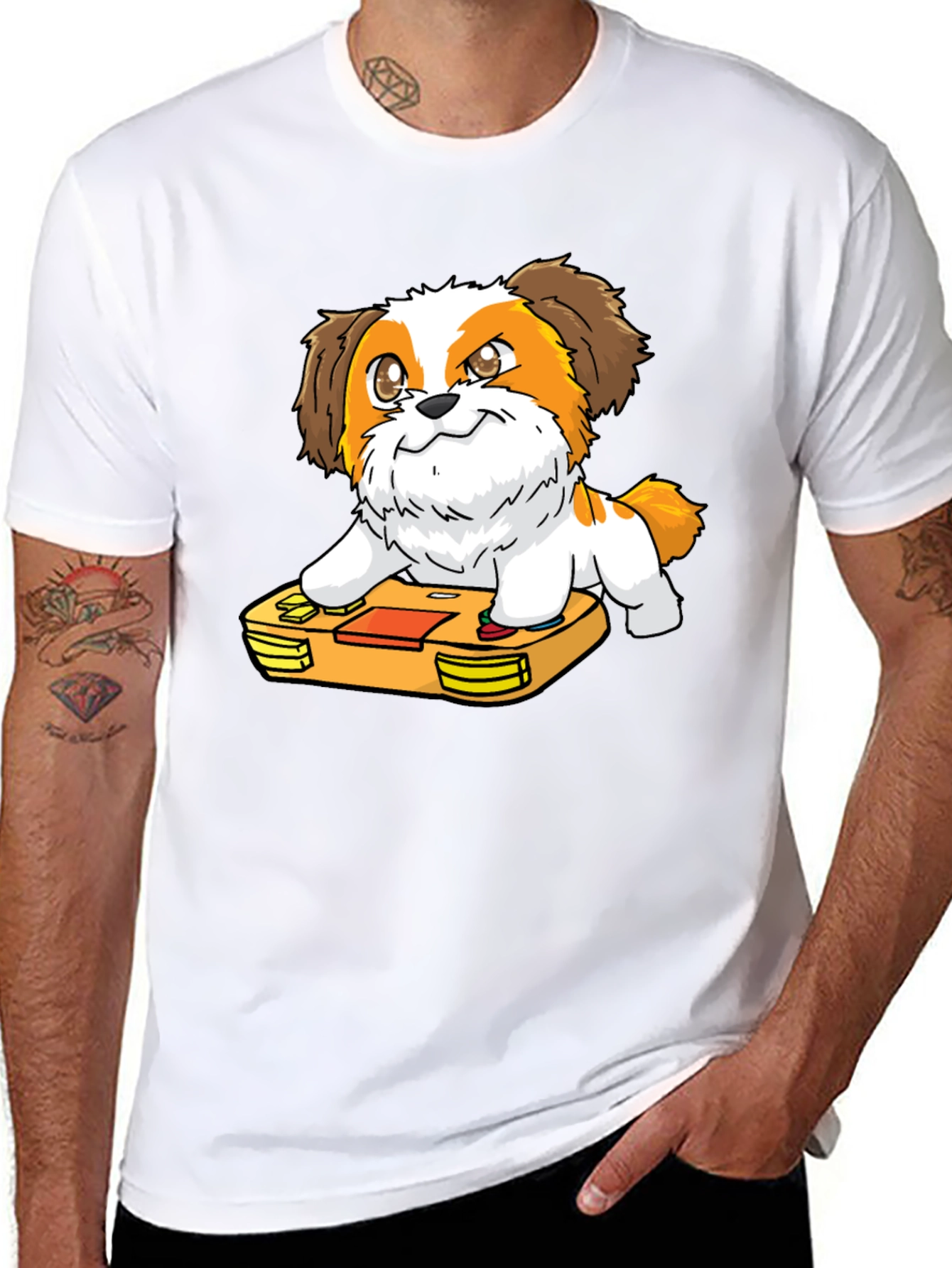 Cartoon Dog on Retro Game Console Black T-Shirt