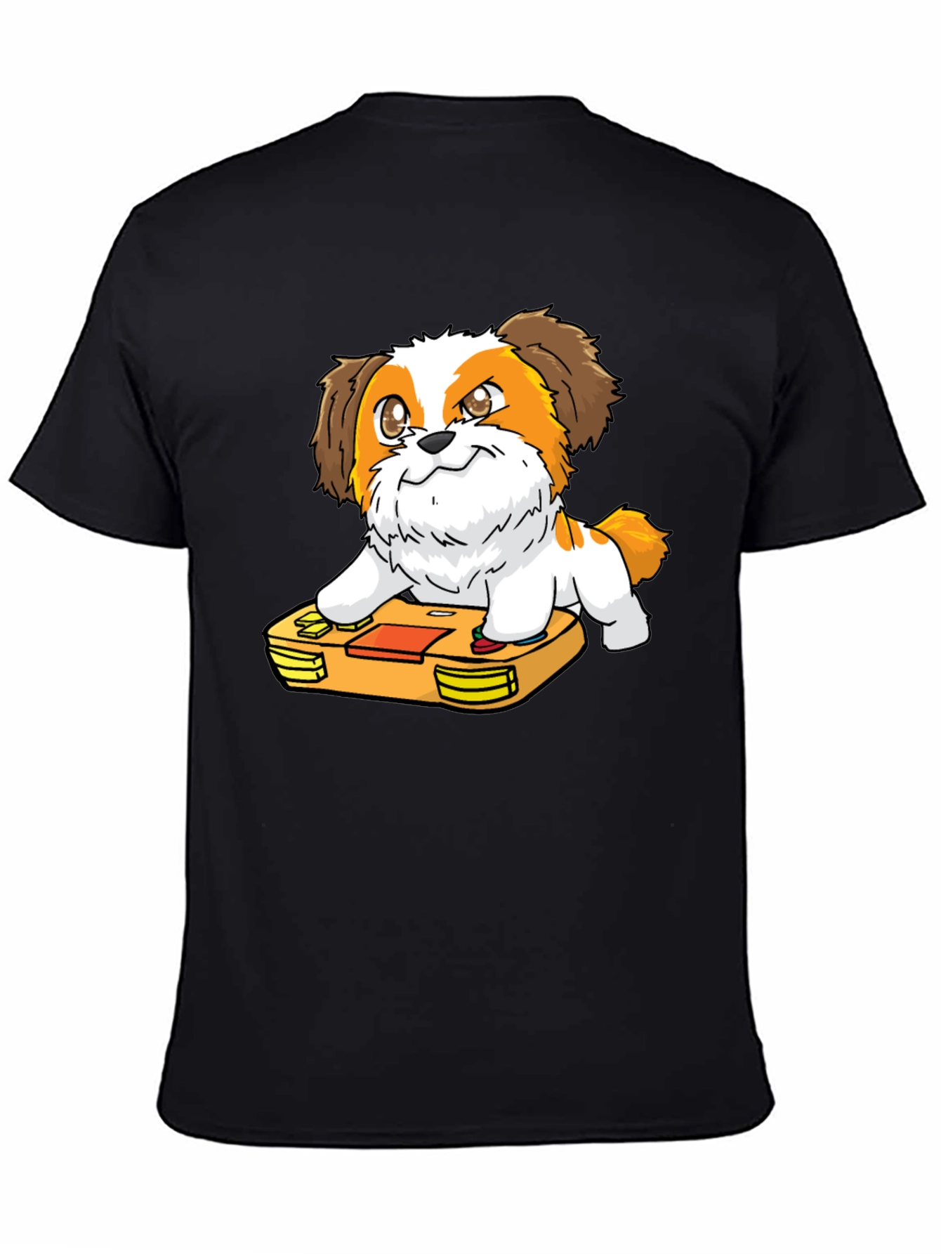 Cartoon Dog on Retro Game Console Black T-Shirt