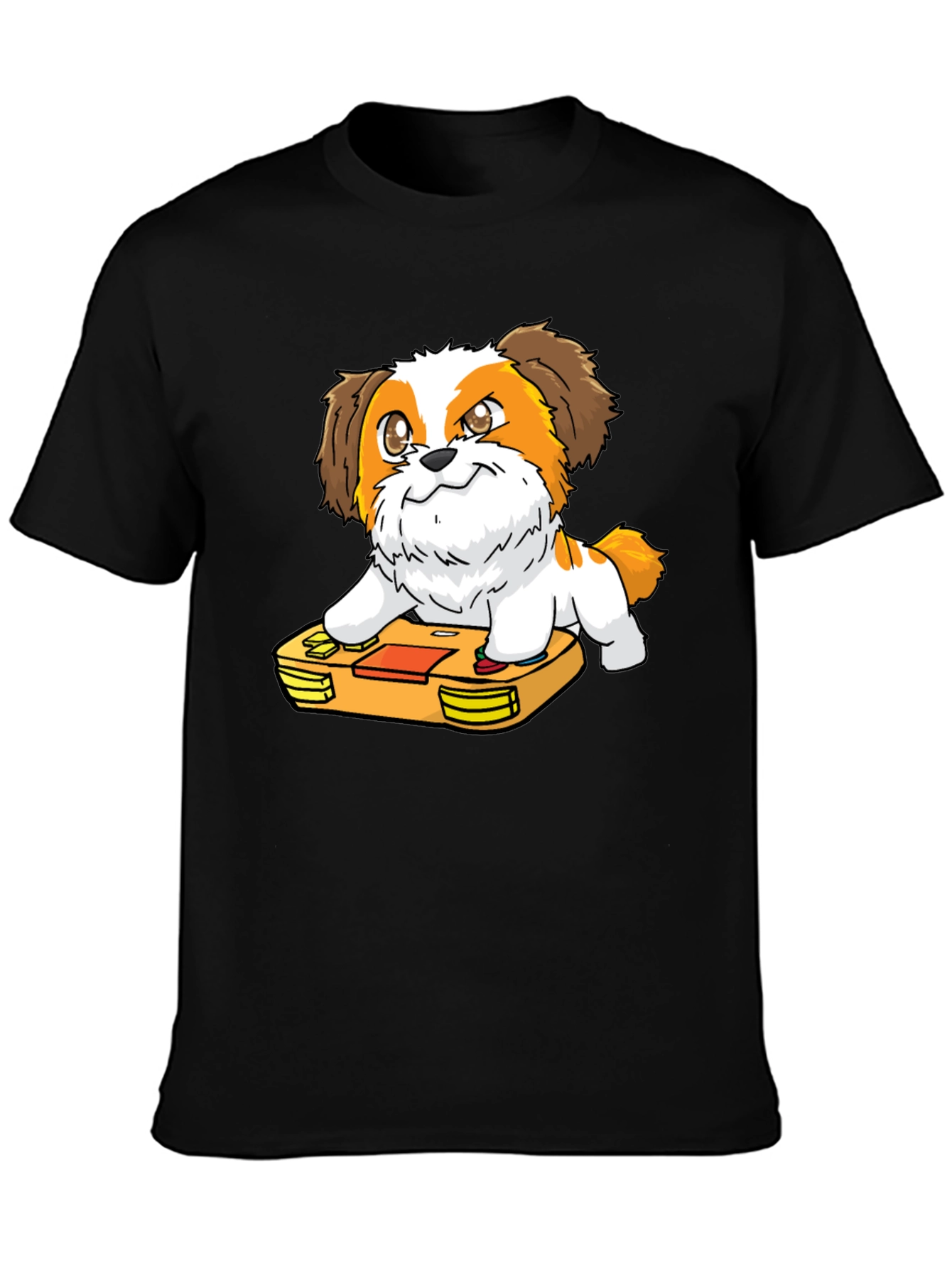 Cartoon Dog on Retro Game Console Black T-Shirt