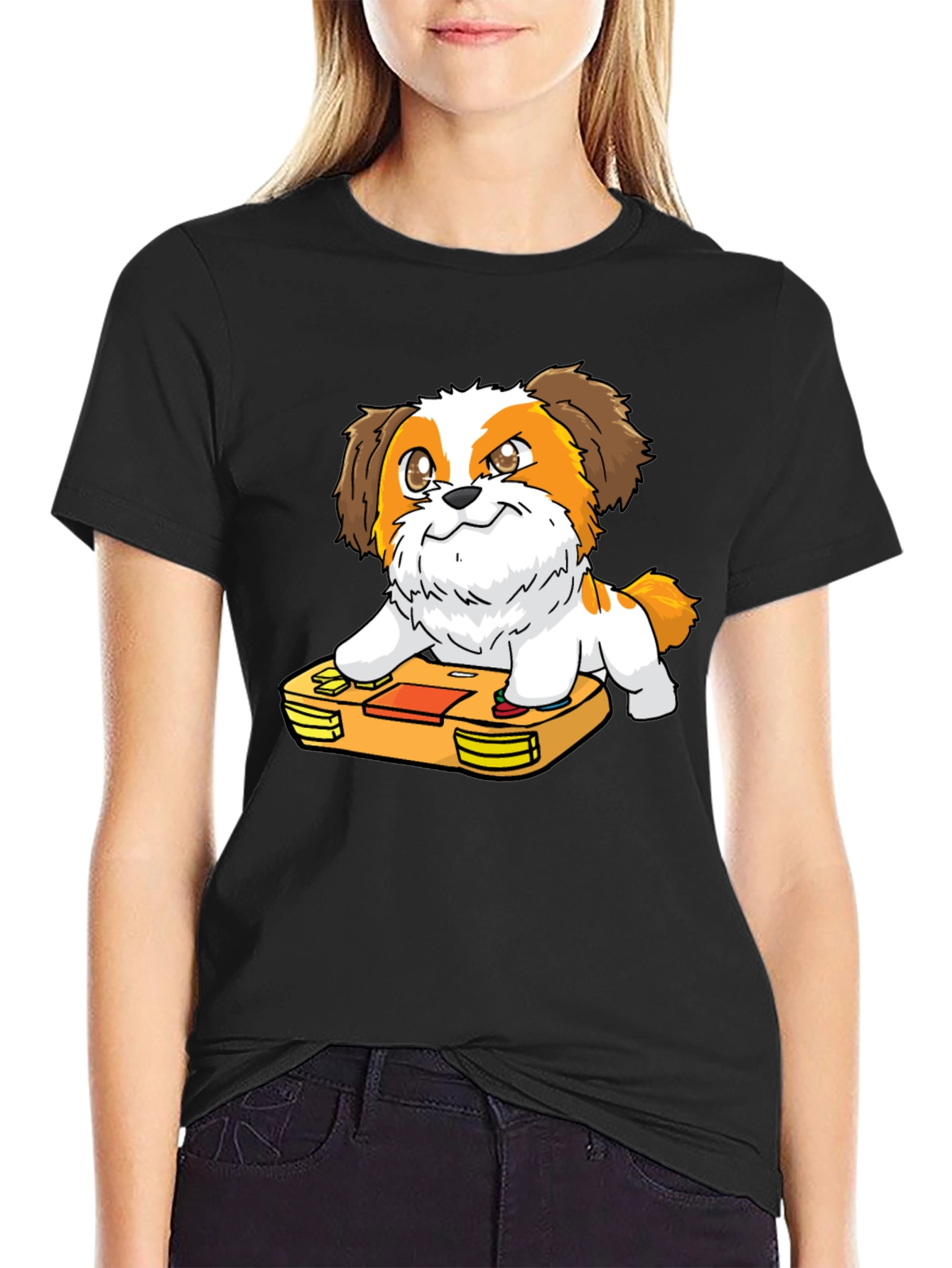 Cartoon Dog on Retro Game Console Black T-Shirt