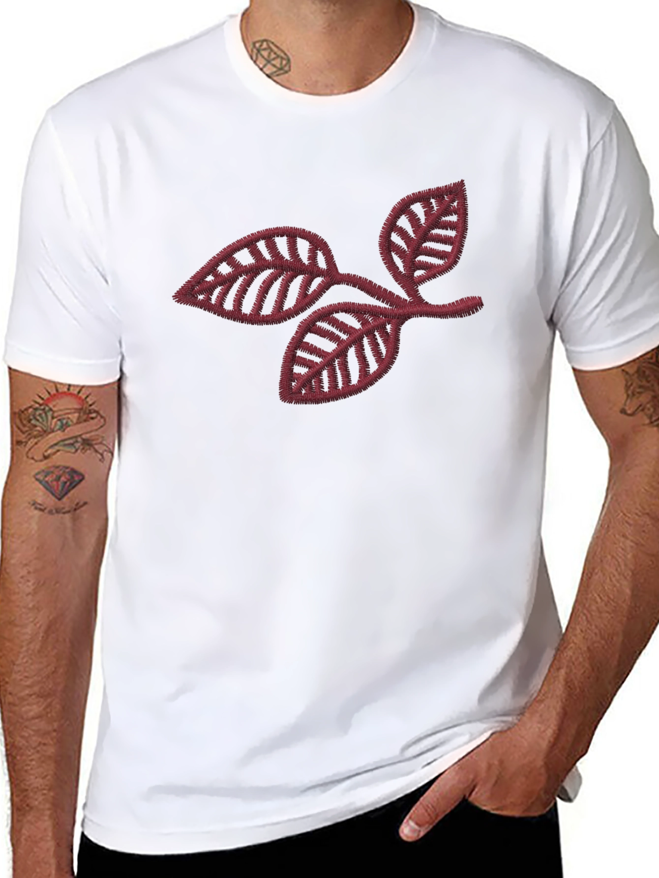 Black T-Shirt with Leaf Branch Embroidery