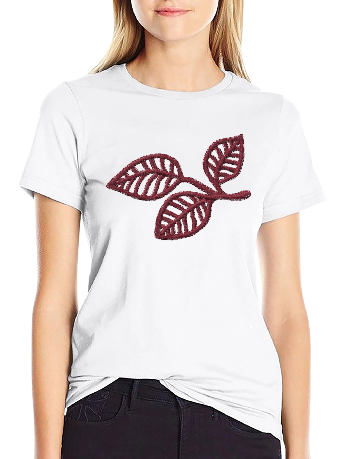 Black T-Shirt with Leaf Branch Embroidery