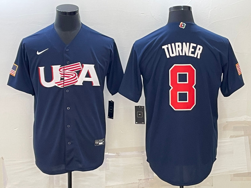 Men's 2023 World Baseball Classic #8 Trea Turner USA Navy Jerseys