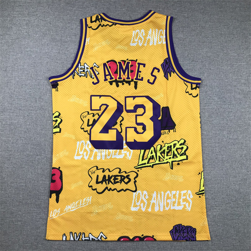 Men's Los Angeles Lakers LeBron James #23 Yellow Swingman Graffiti Edition Jerseys