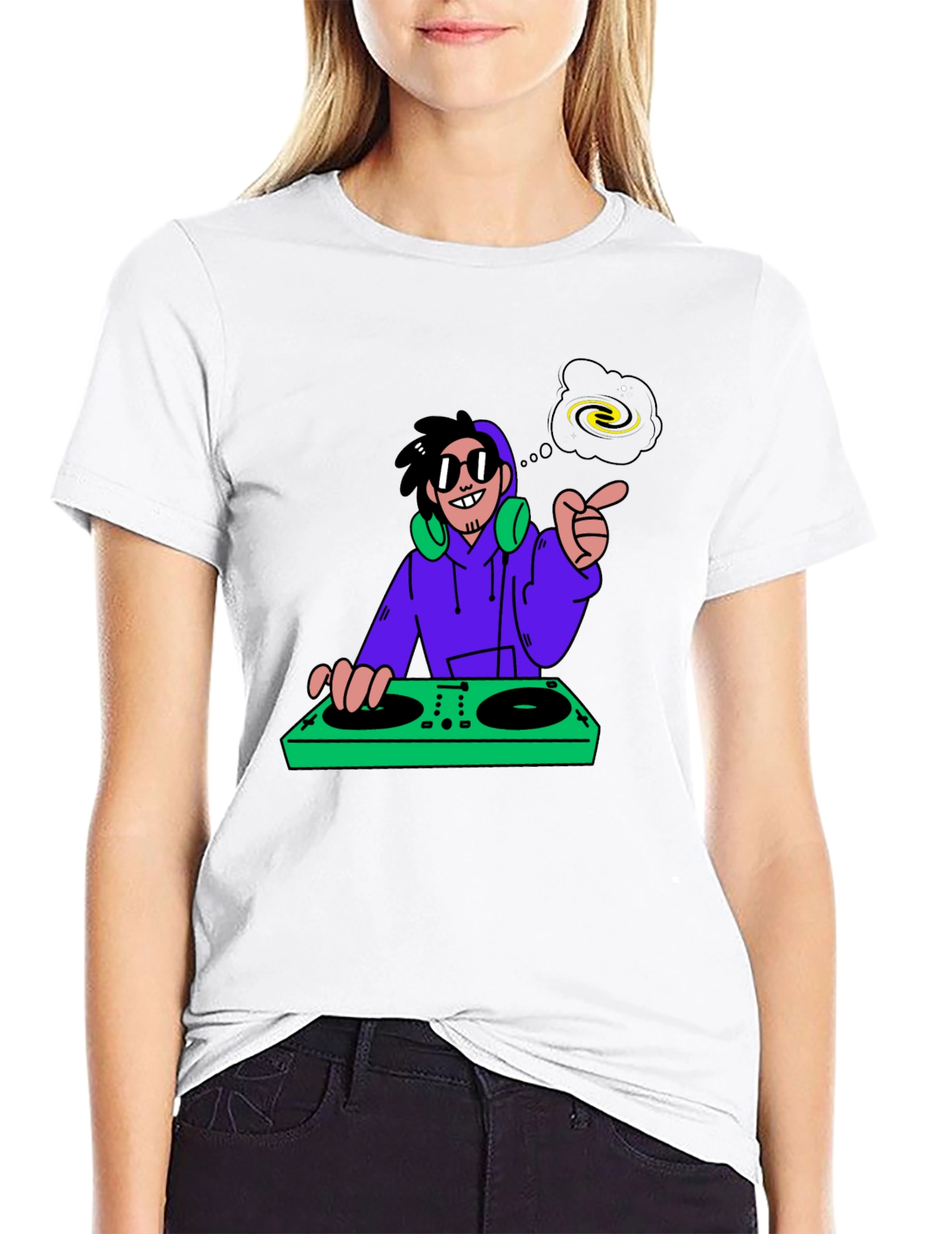 DJ Cartoon Graphic Tee - Black Cotton Casual Wear