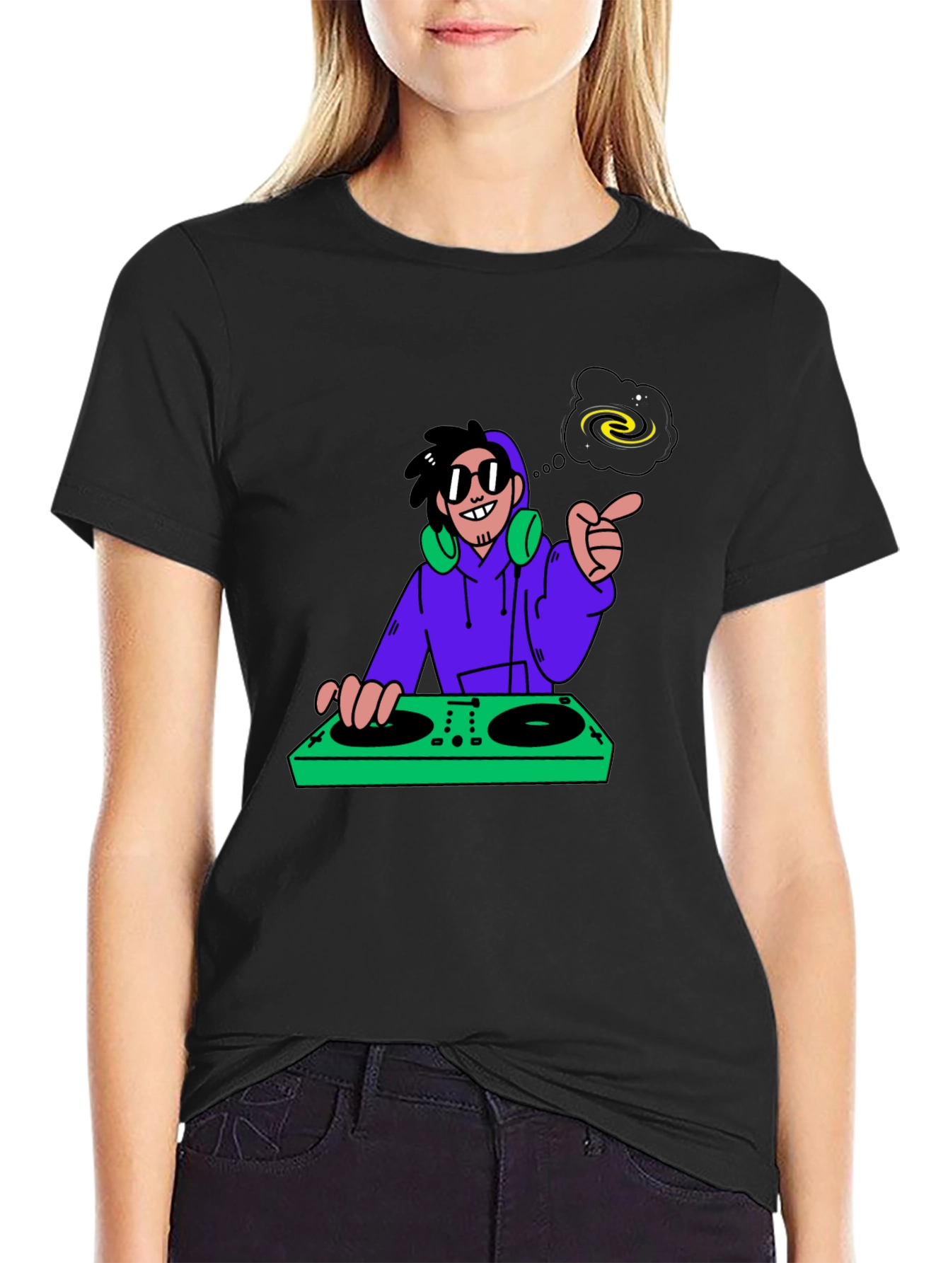 DJ Cartoon Graphic Tee - Black Cotton Casual Wear