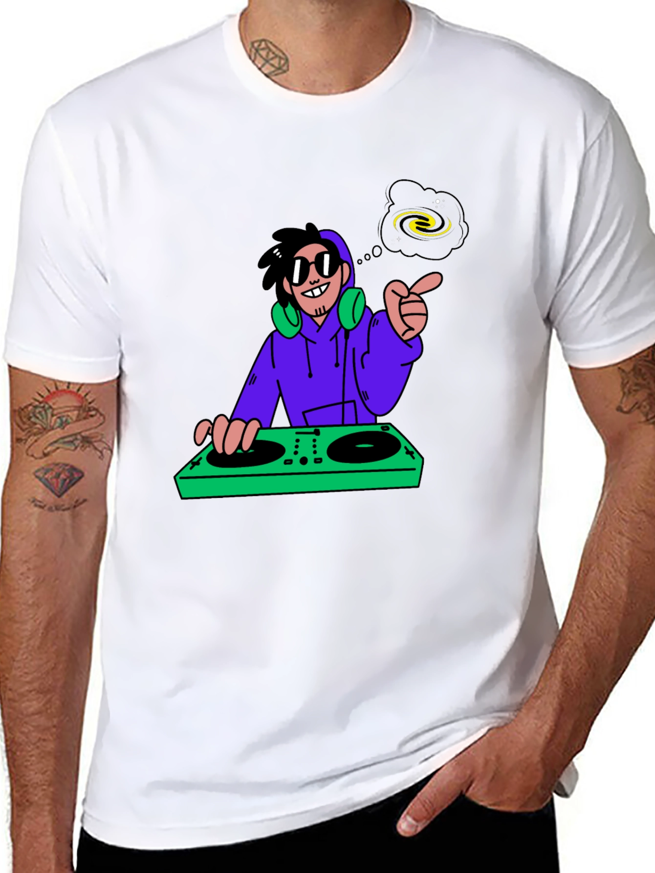 DJ Cartoon Graphic Tee - Black Cotton Casual Wear