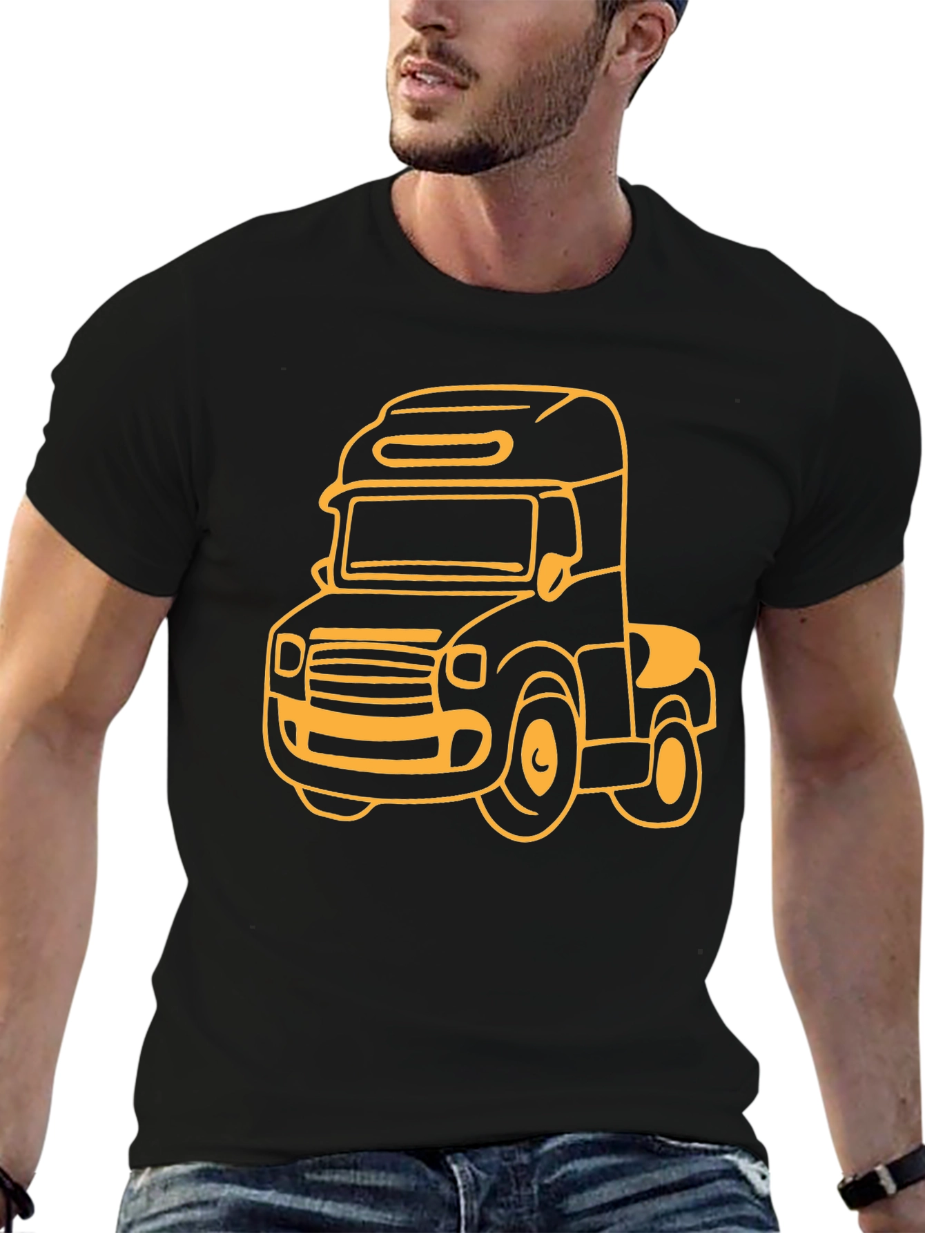 Cartoon Truck Graphic Tee - Black Cotton T-Shirt