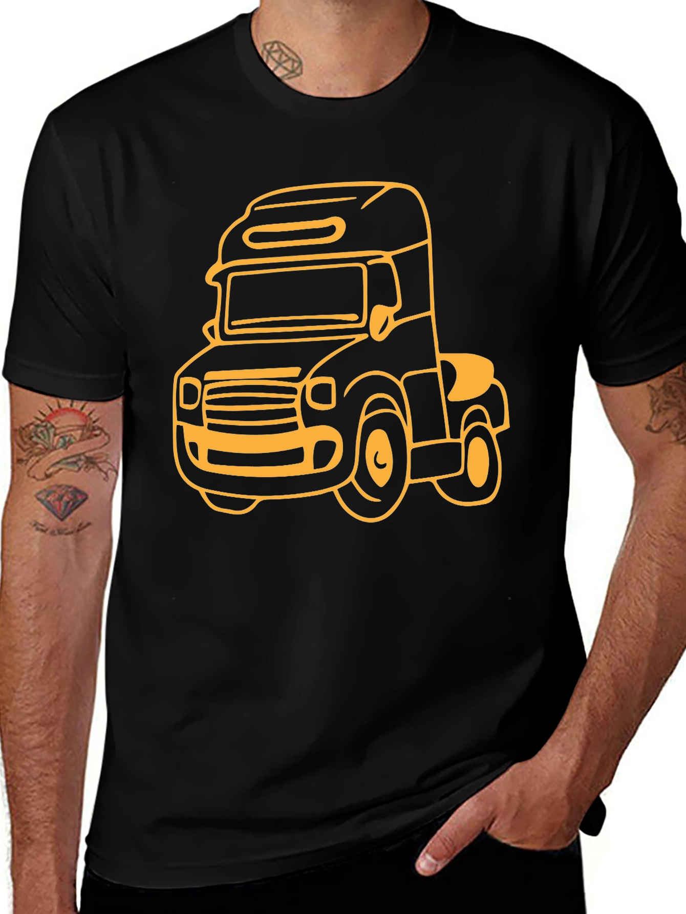 Cartoon Truck Graphic Tee - Black Cotton T-Shirt