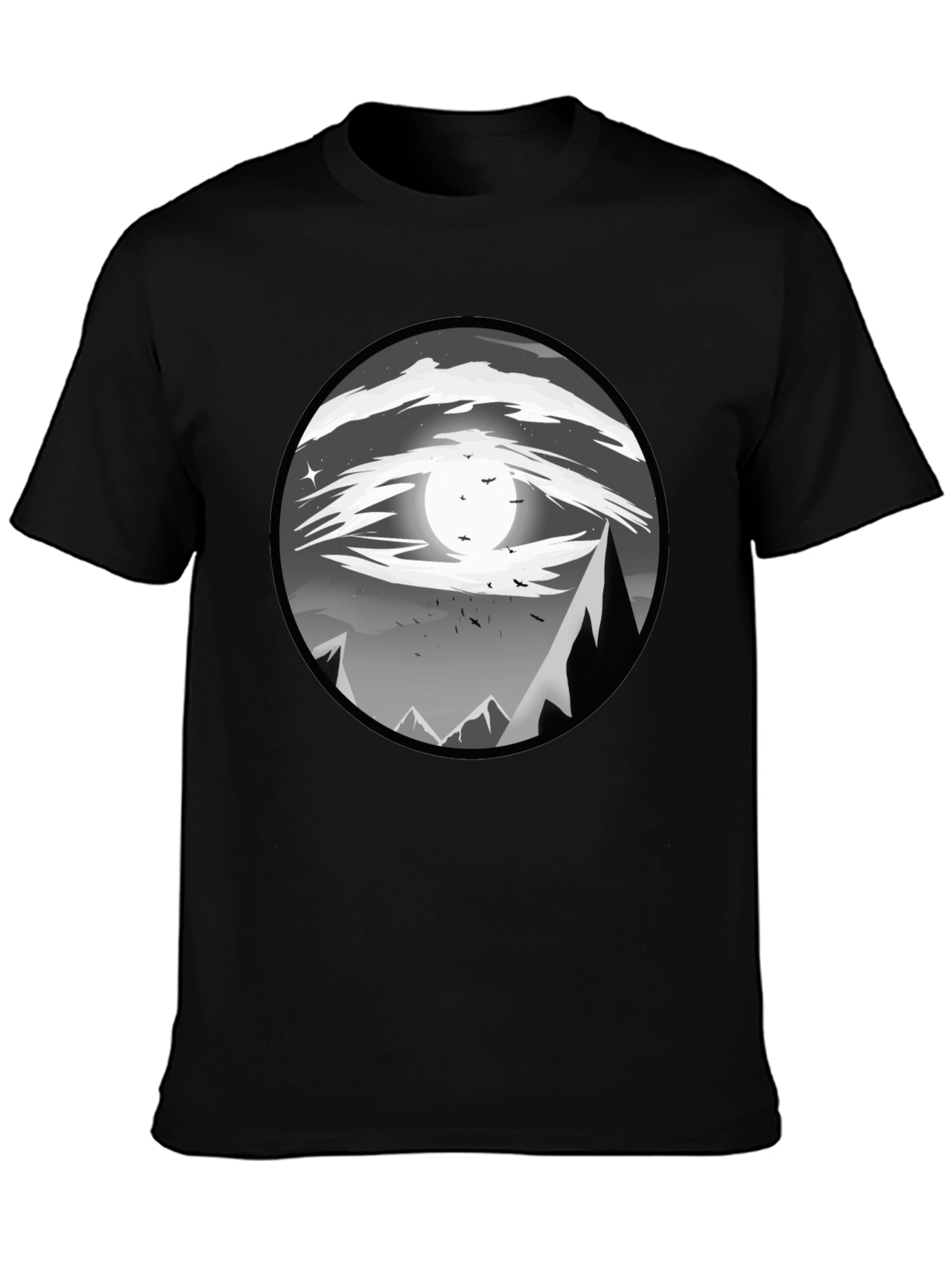 Eye-Catching Black T-Shirt with Mountain Moon Design