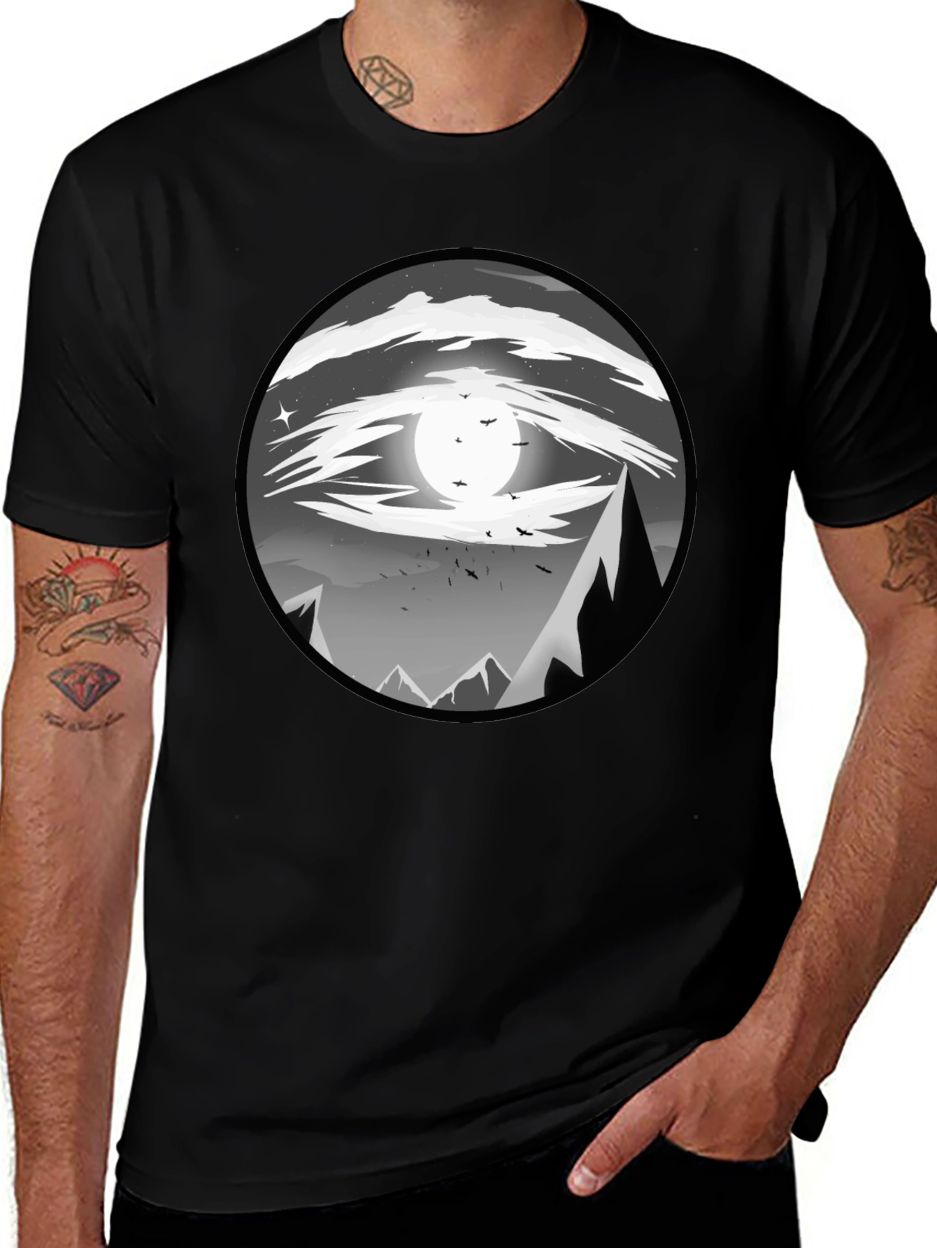 Eye-Catching Black T-Shirt with Mountain Moon Design