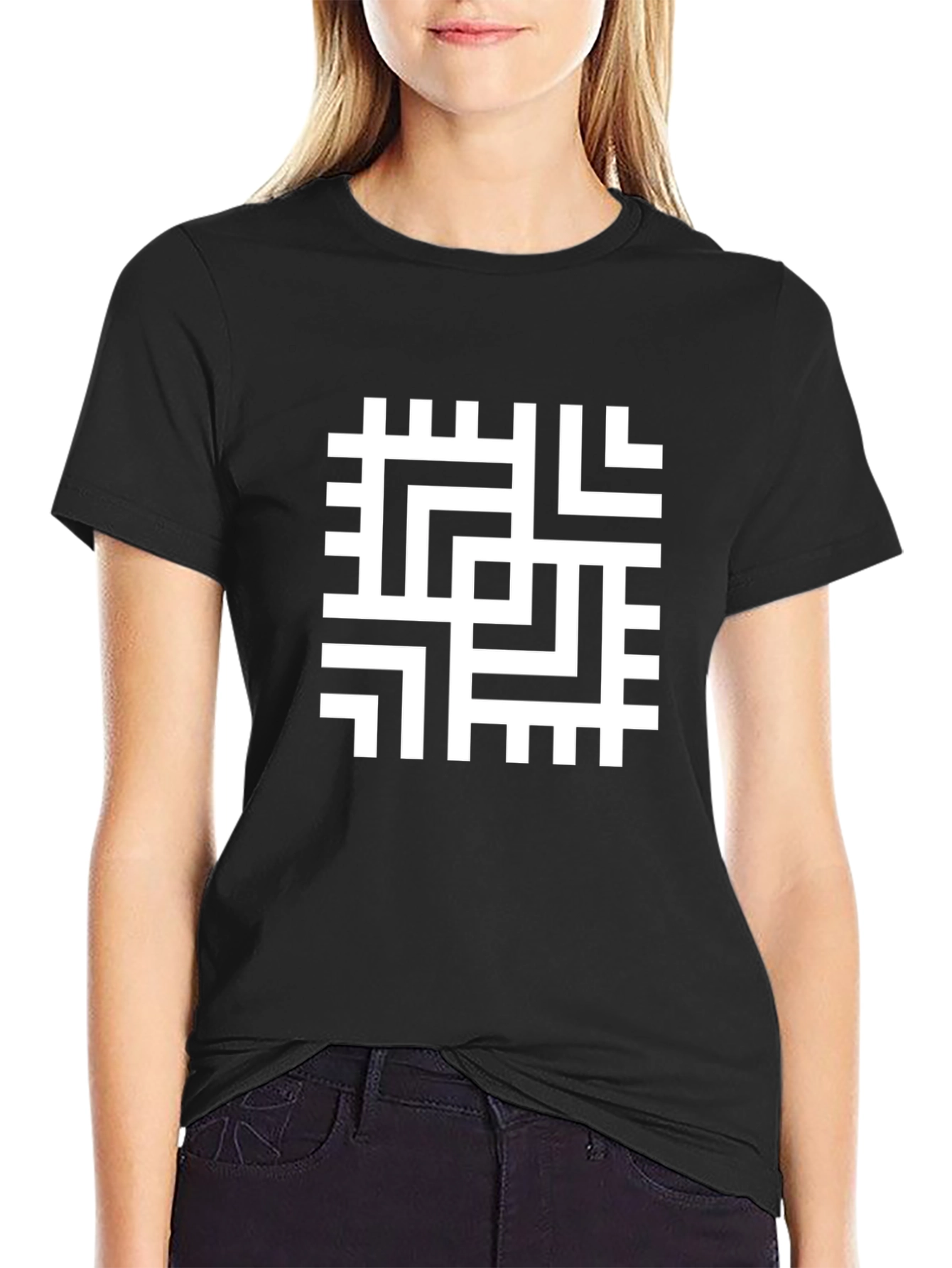 Geometric Maze Print Black T-Shirt