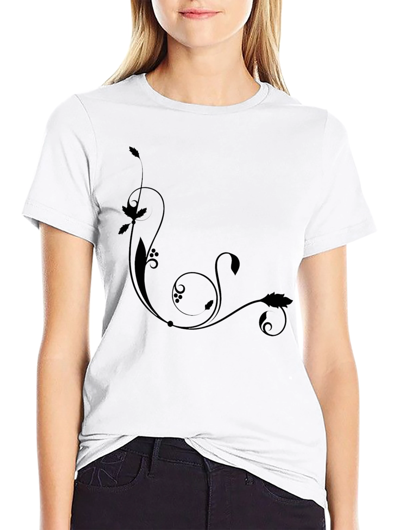 Black Tee with Floral Swirl Design