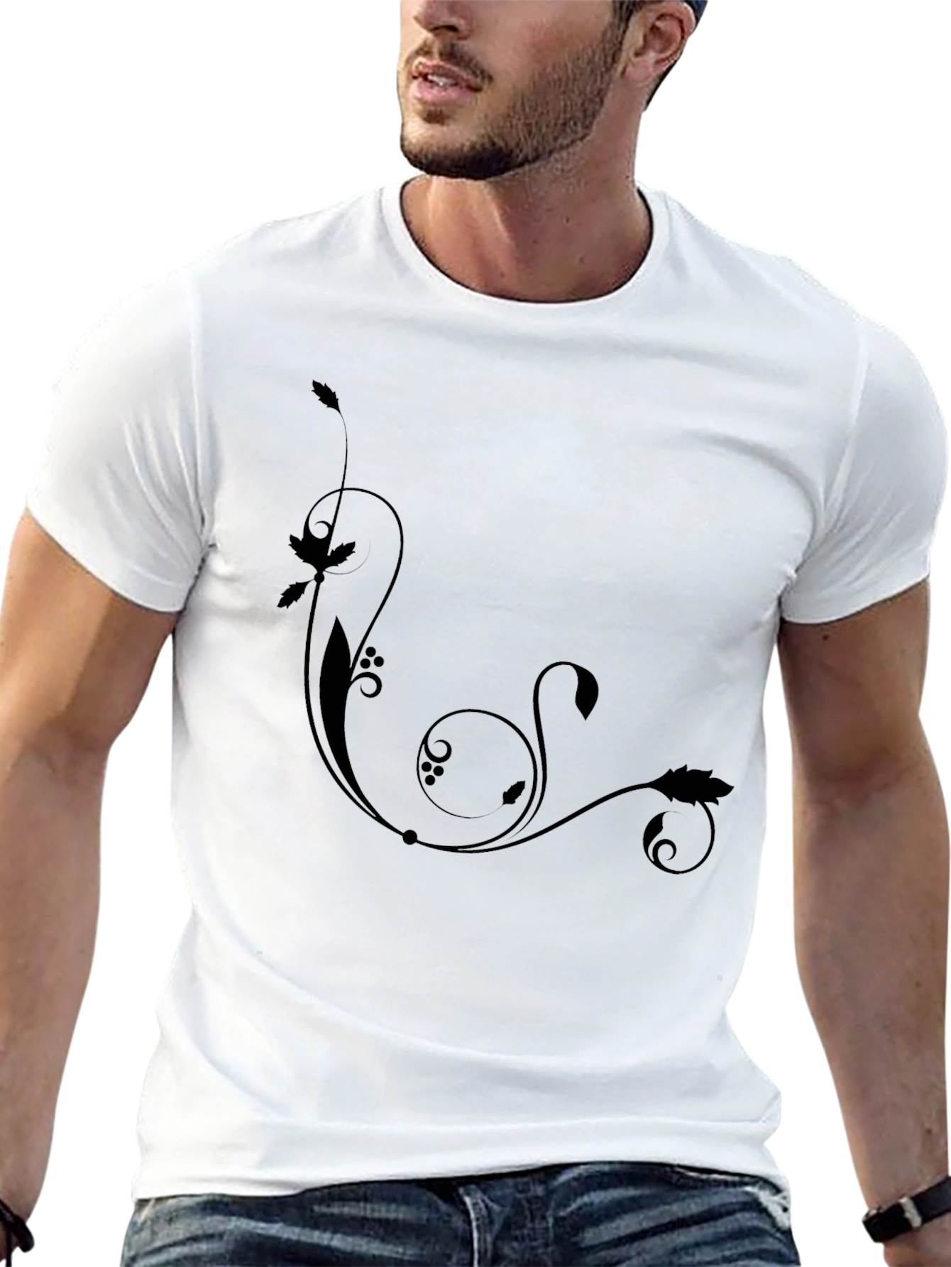 Black Tee with Floral Swirl Design