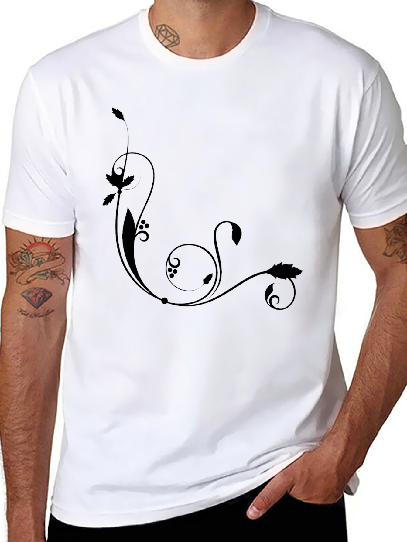 Black Tee with Floral Swirl Design