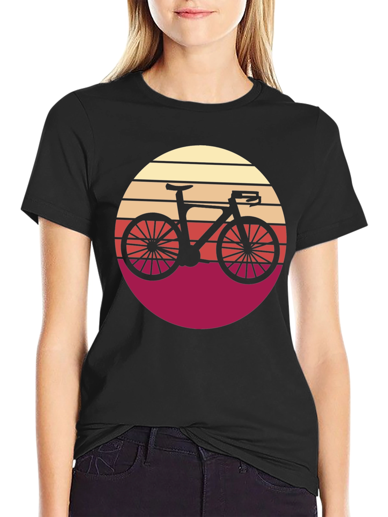 Retro Bicycle Sunset Graphic Tee - Black Cotton T-Shirt
