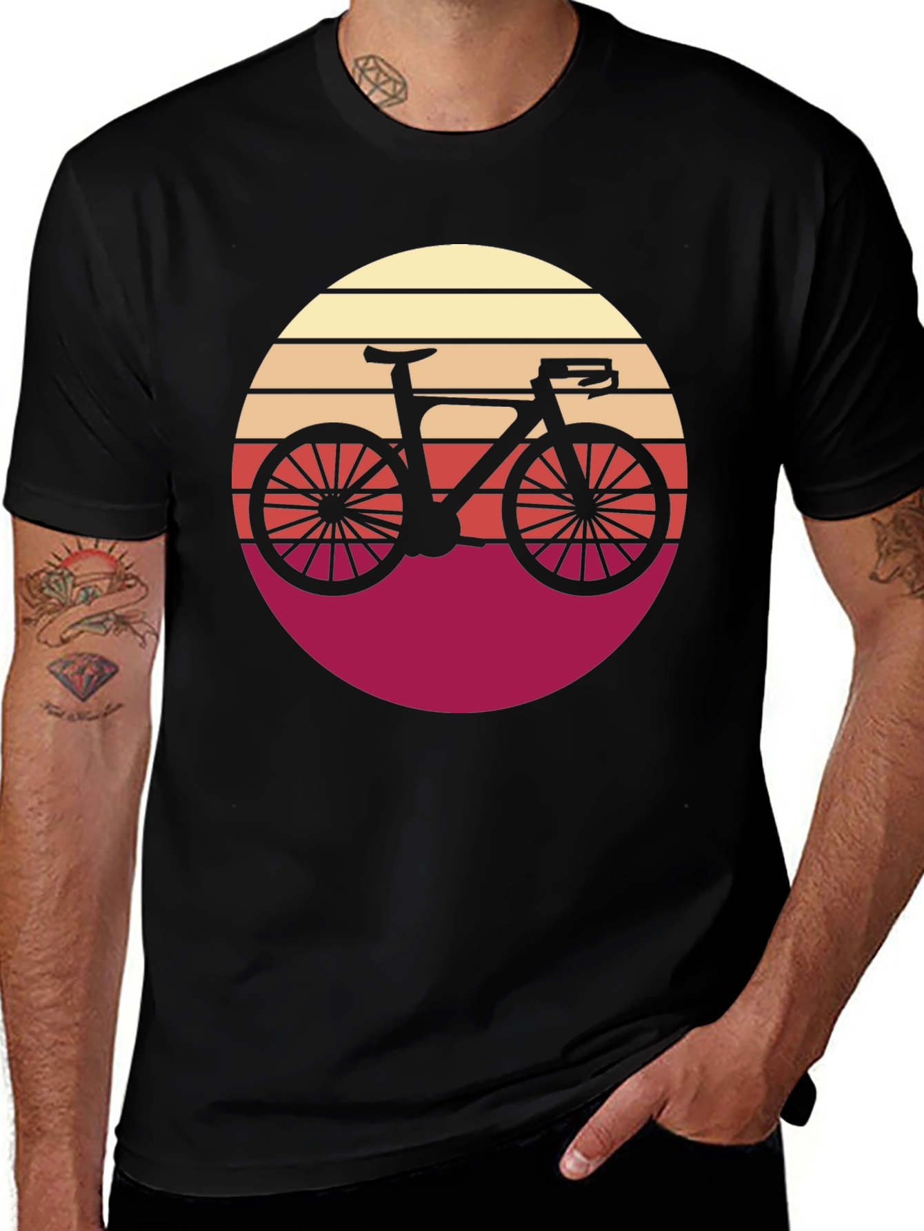 Retro Bicycle Sunset Graphic Tee - Black Cotton T-Shirt