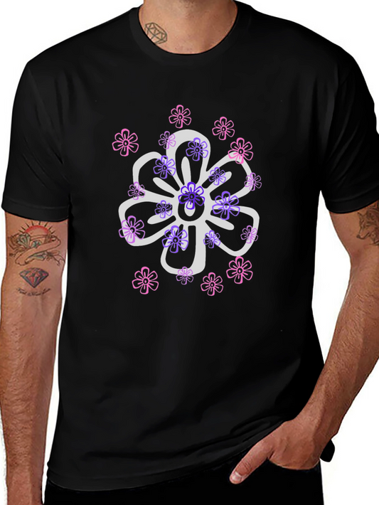 Floral Design T-Shirt - Black Cotton Blend