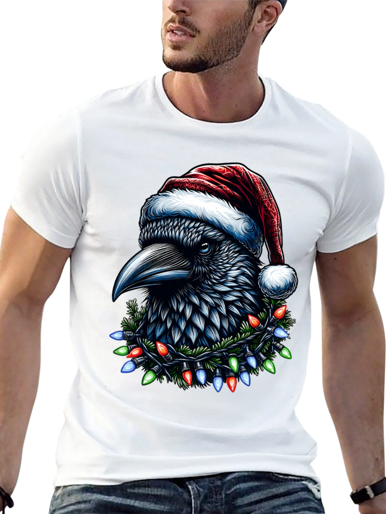 Holiday Raven T-Shirt with Santa Hat & Lights