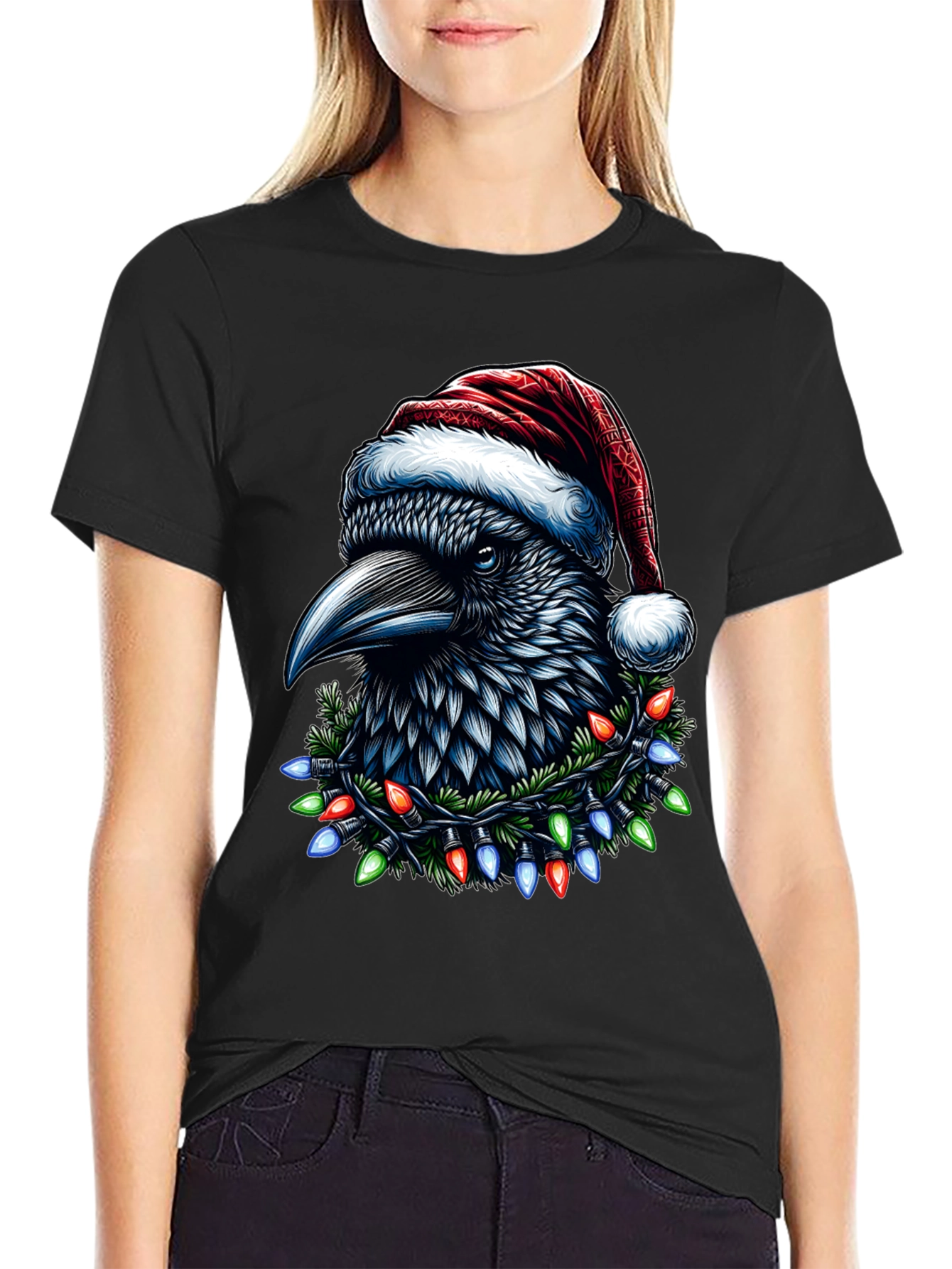 Holiday Raven T-Shirt with Santa Hat & Lights