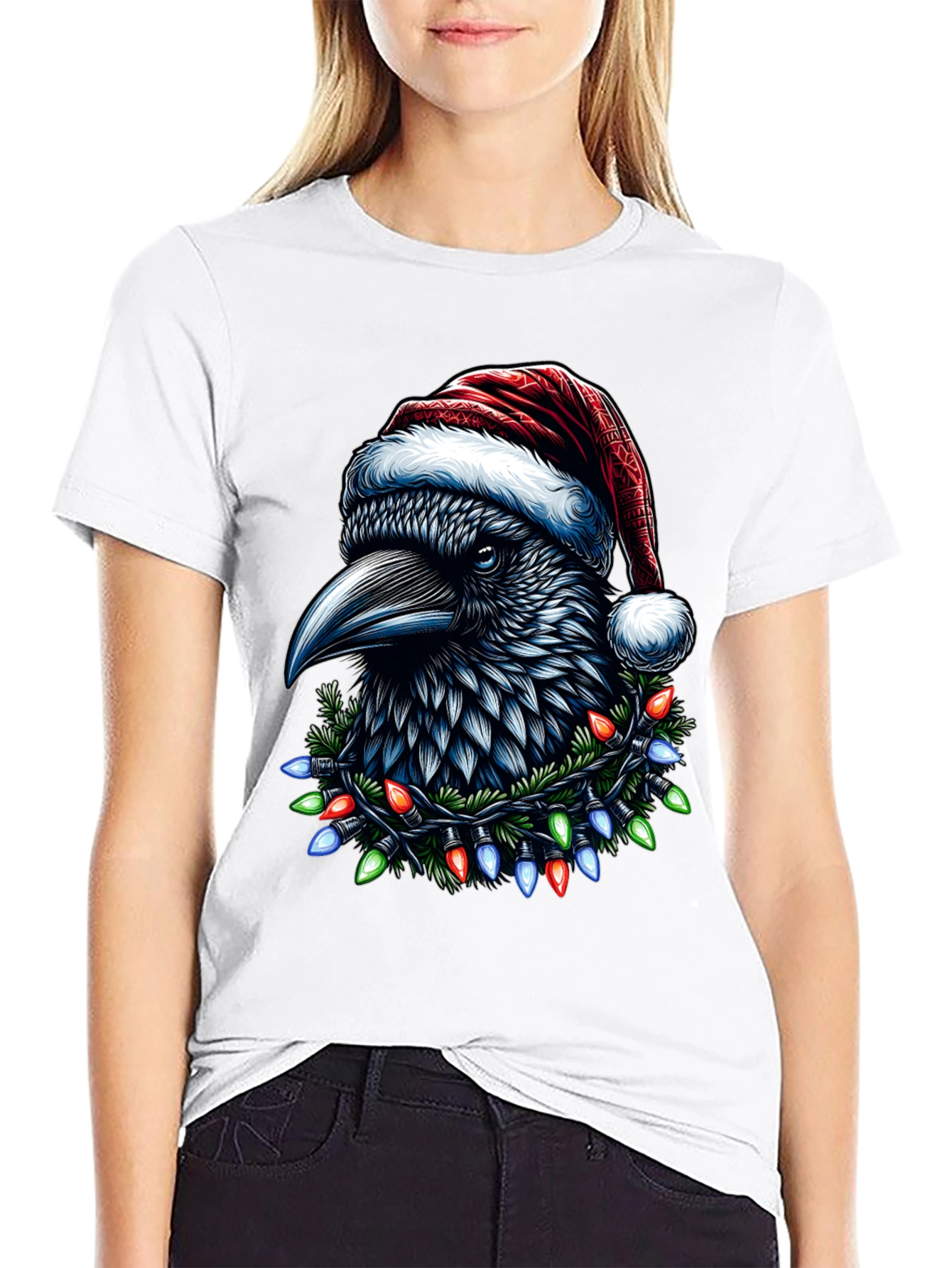 Holiday Raven T-Shirt with Santa Hat & Lights