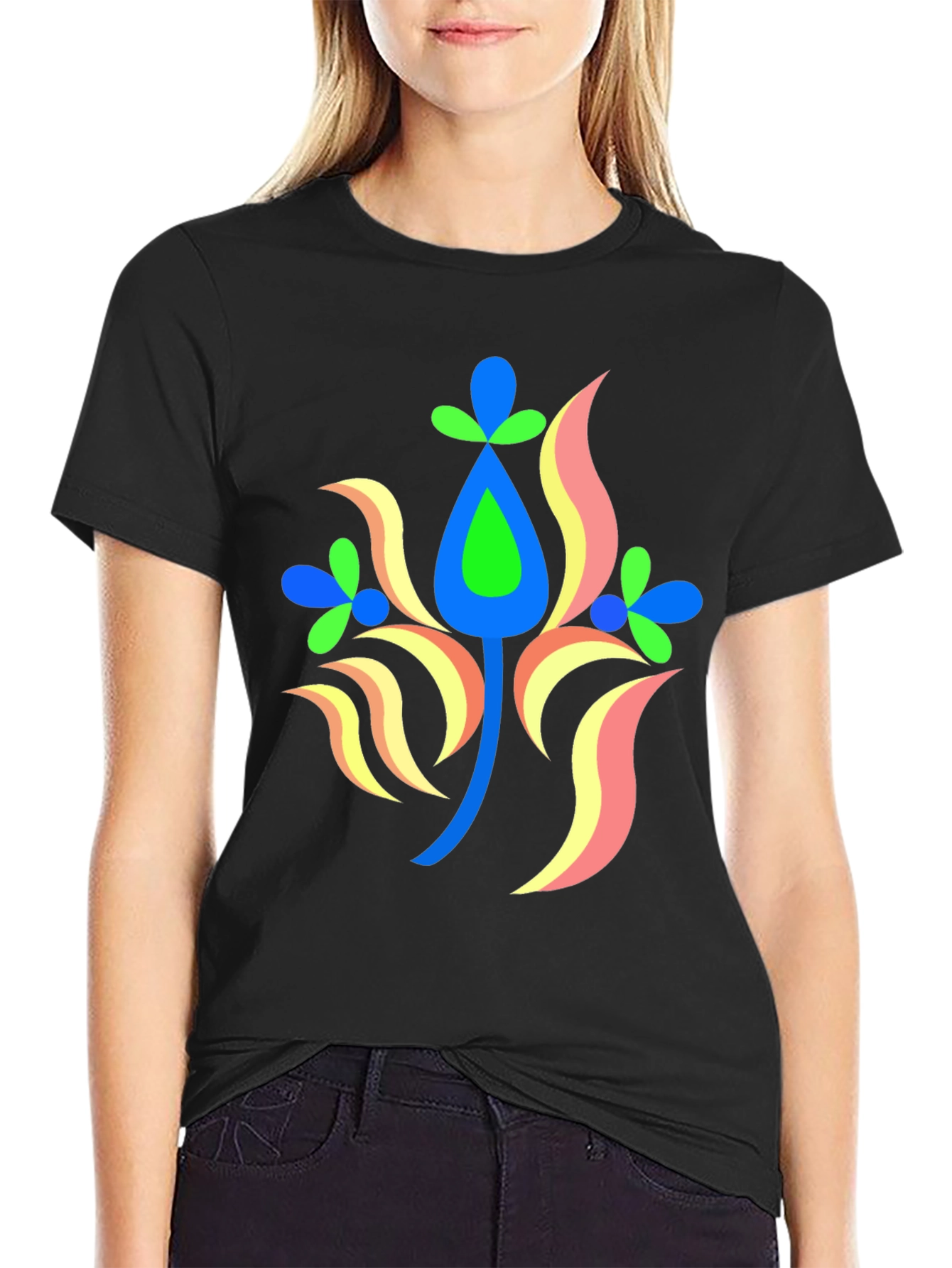 Vibrant Floral Graphic Black T-Shirt